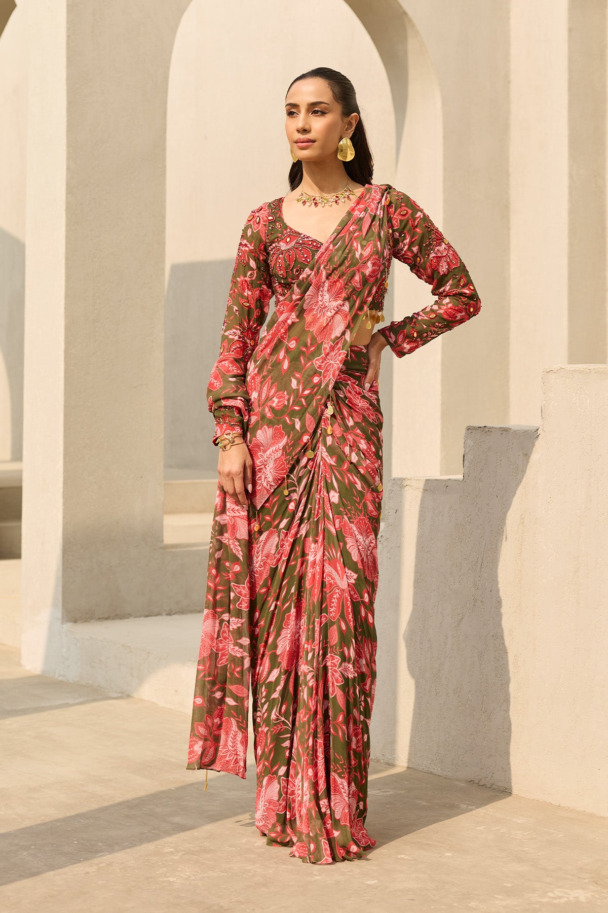 SAGE GREEN FLORAL PRINTED SAREE SET