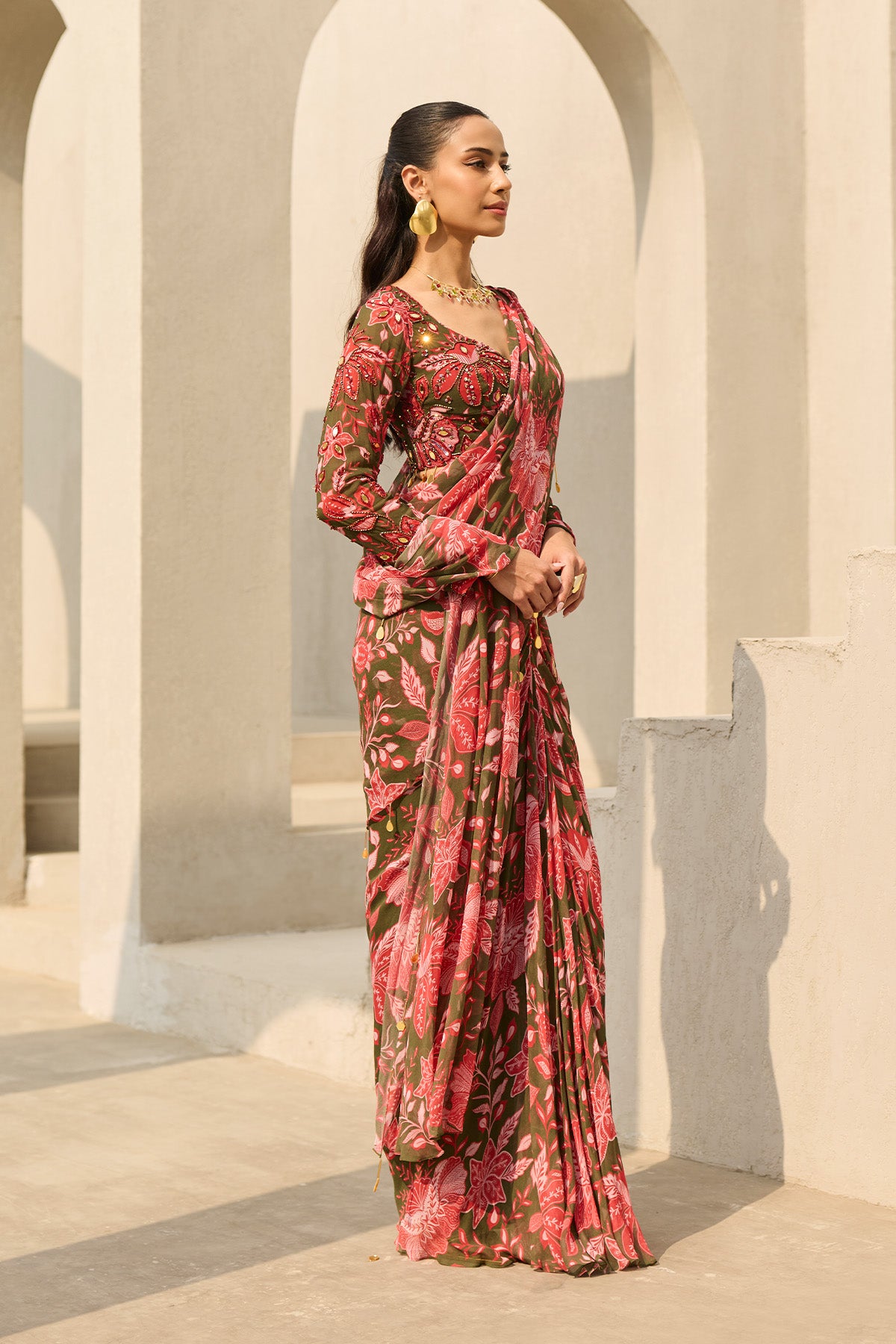 SAGE GREEN FLORAL PRINTED SAREE SET