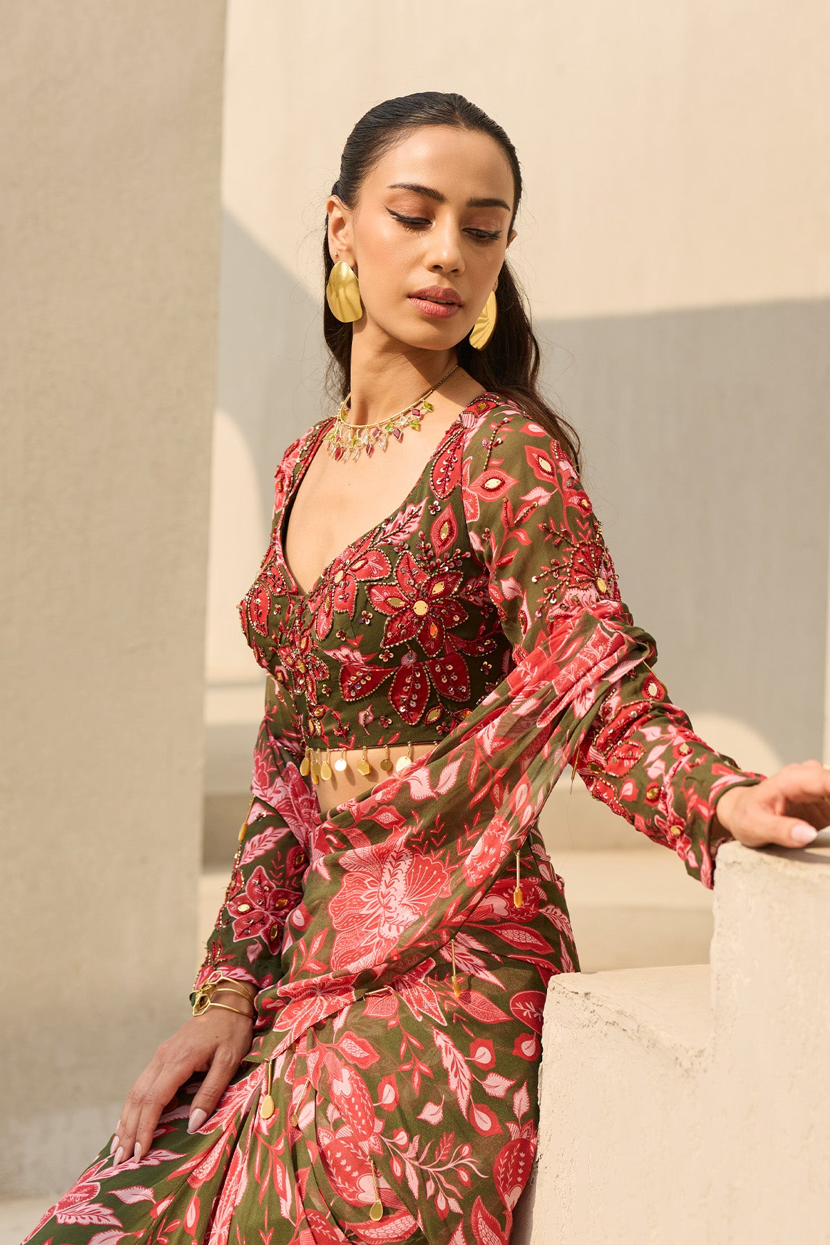 SAGE GREEN FLORAL PRINTED SAREE SET