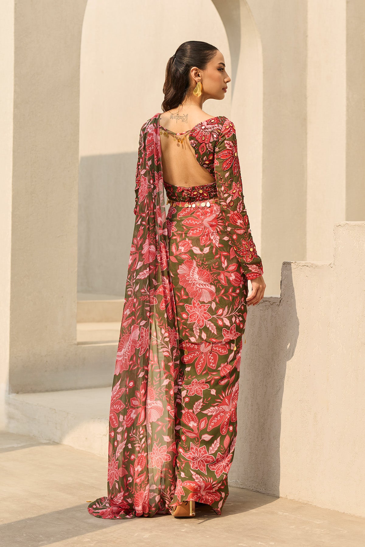 SAGE GREEN FLORAL PRINTED SAREE SET