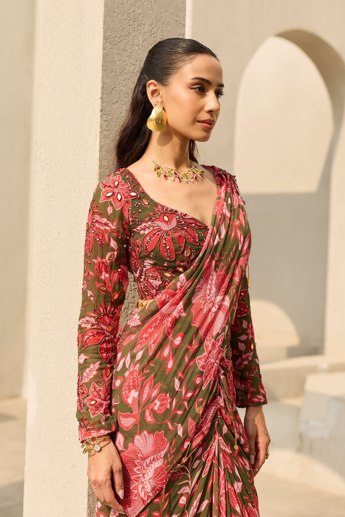 SAGE GREEN FLORAL PRINTED SAREE SET