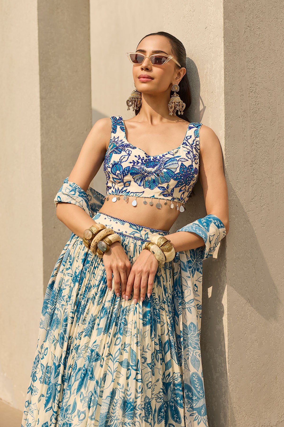 IVORY & BLUE FLORAL PRINTED LEHENGA SET