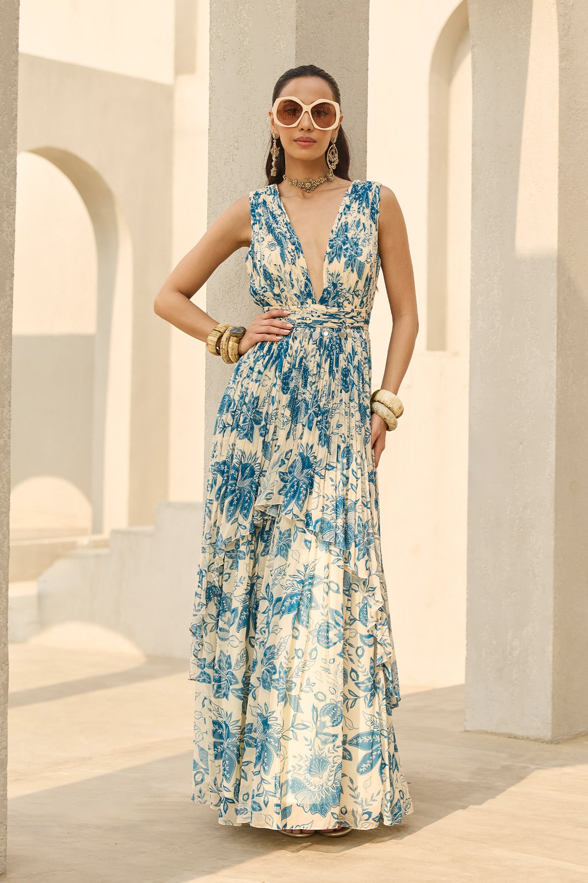 IVORY & BLUE FLORAL PRINTED DRESS