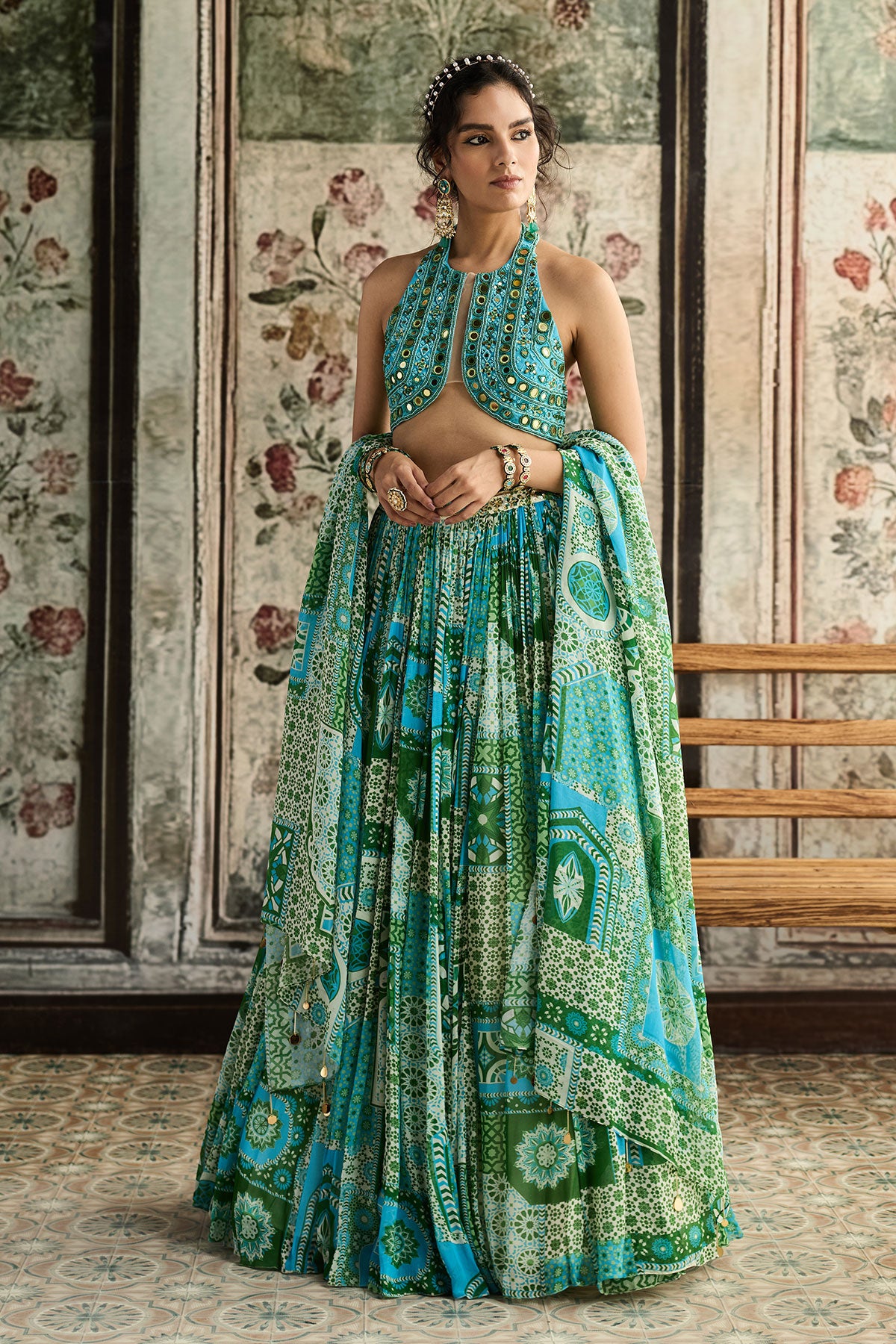 Aqua Embroidered Blouse And Aqua Print And Highlighted Lehenga Set
