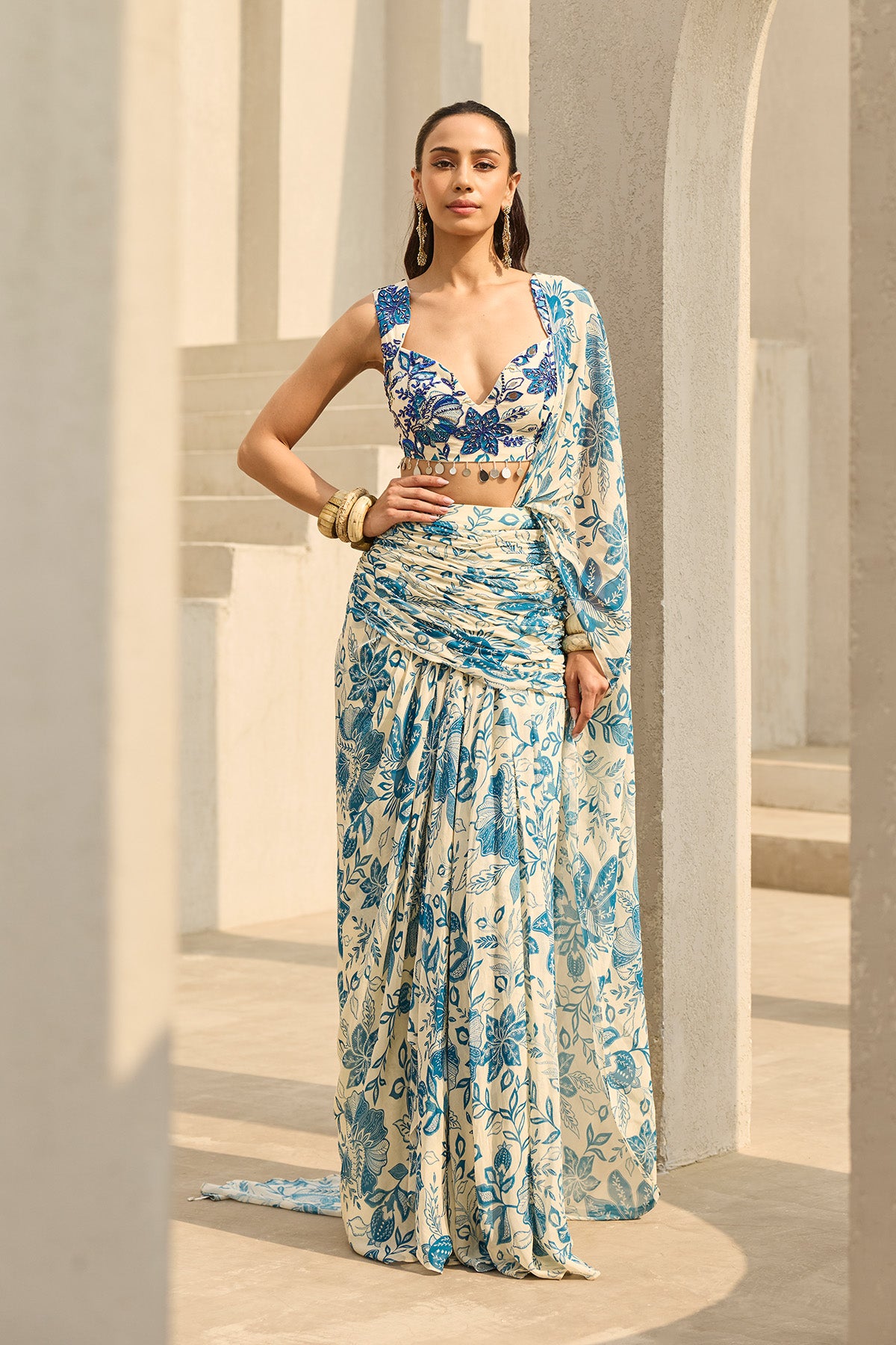 IVORY & BLUE FLORAL PRINTED SAREE SET