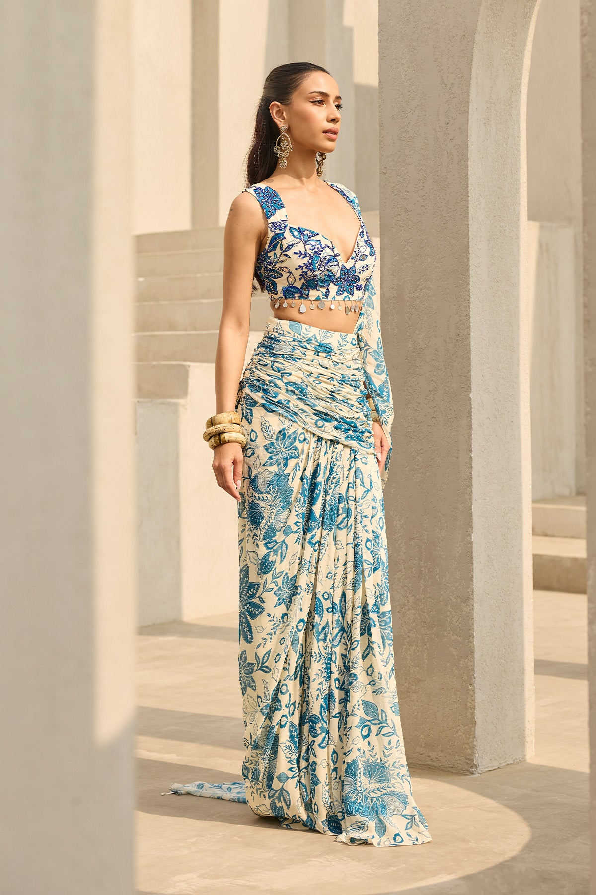 IVORY & BLUE FLORAL PRINTED SAREE SET