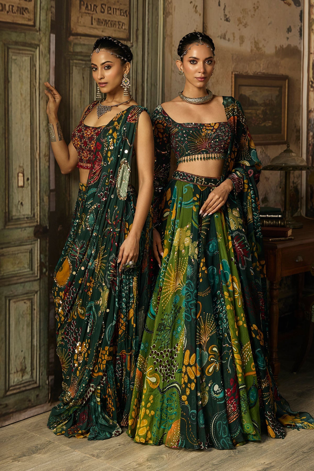 Dark Green Dual Printed And Highlighted Lehenga Set