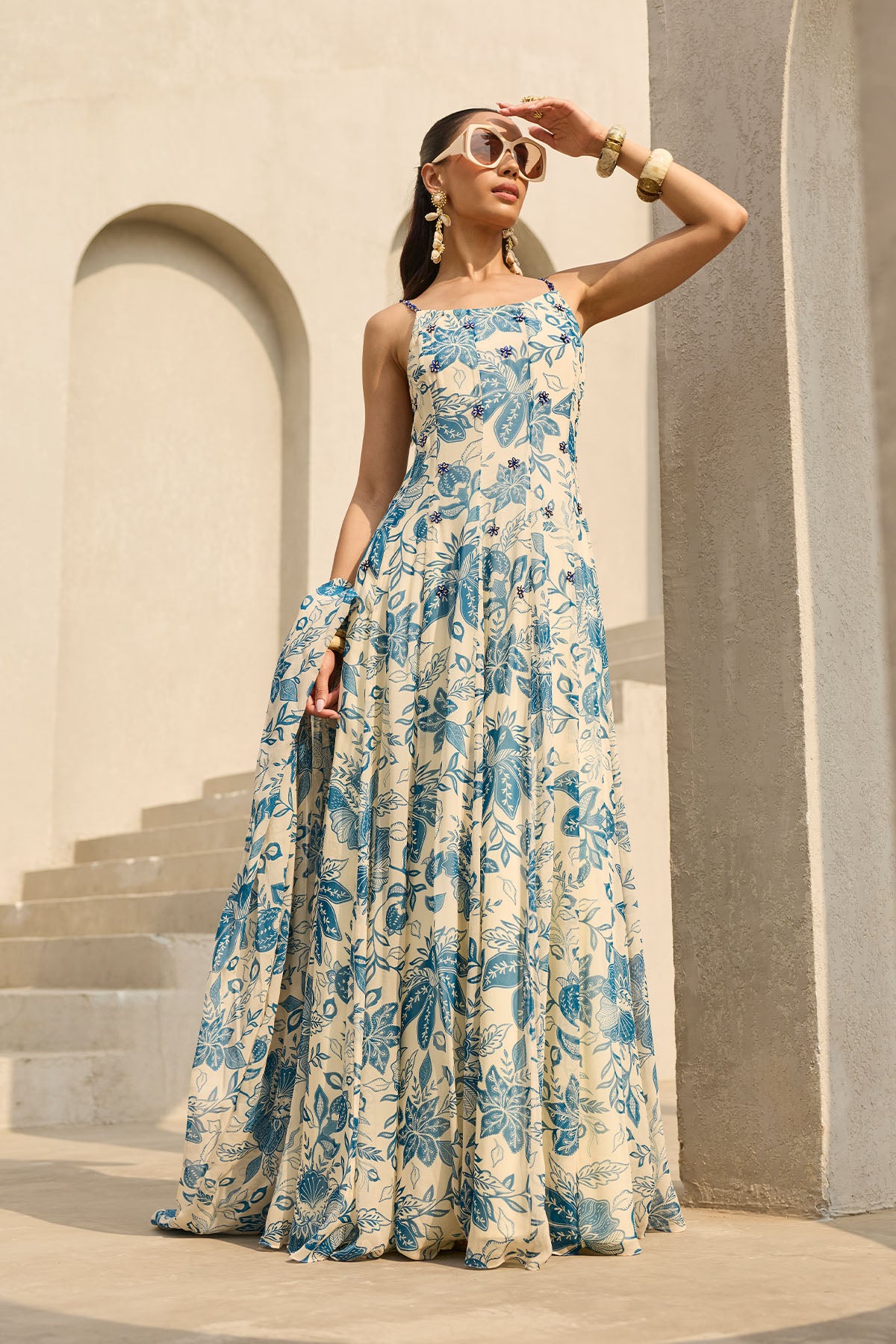 IVORY & BLUE FLORAL PRINTED DRESS