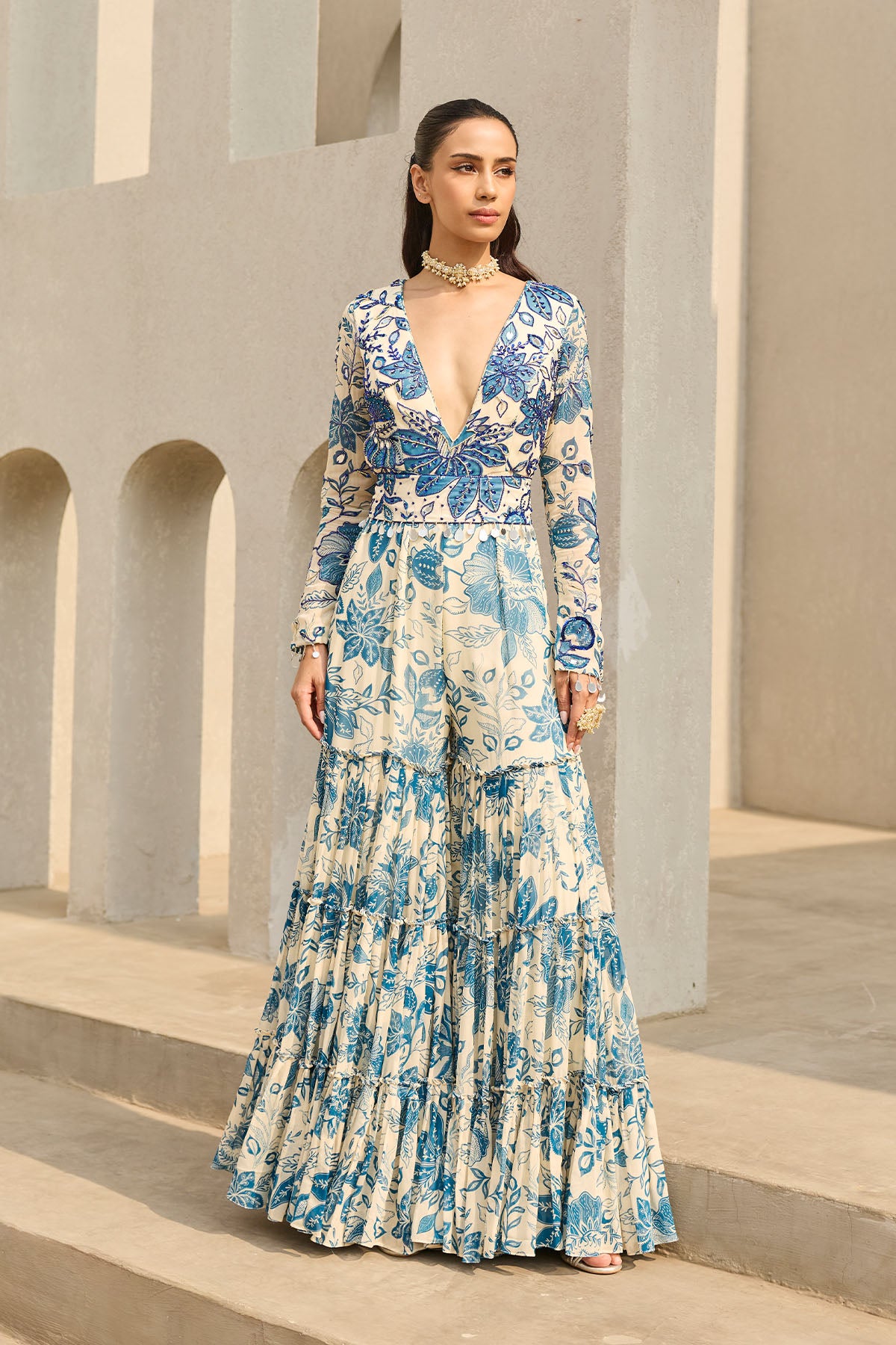 IVORY & BLUE FLORAL PRINTED JUMPSUIT