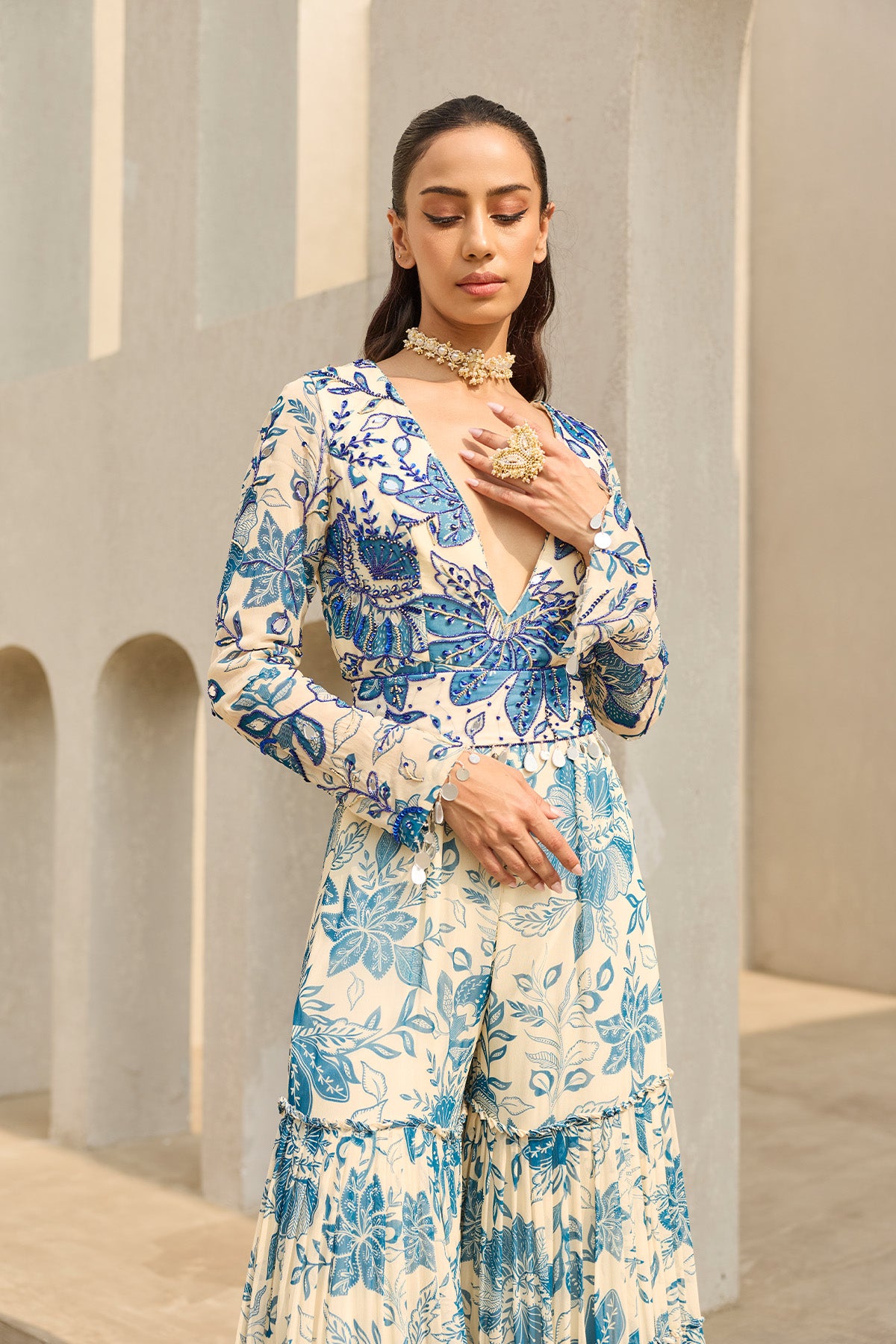 IVORY & BLUE FLORAL PRINTED JUMPSUIT