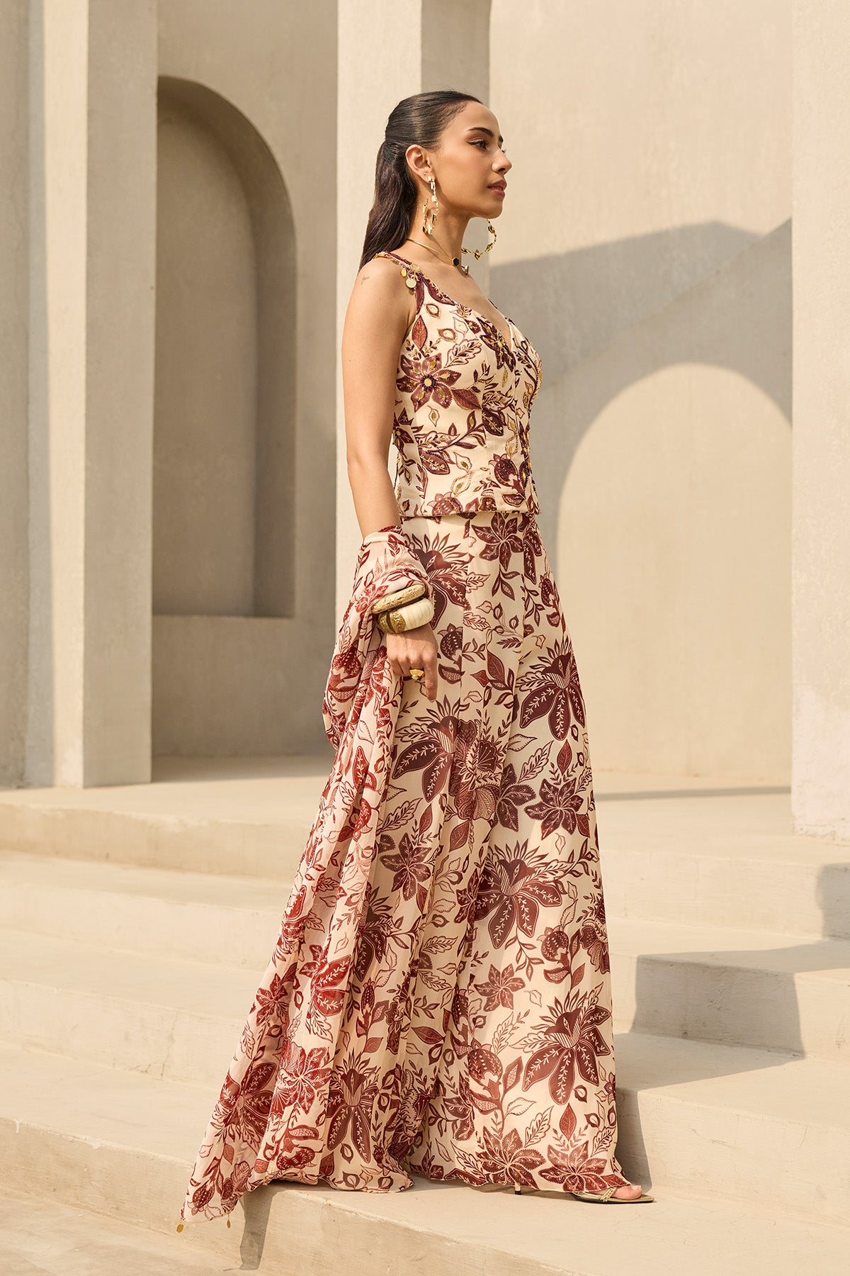 IVORY & MAROON FLORAL PRINTED CO-ORD SET