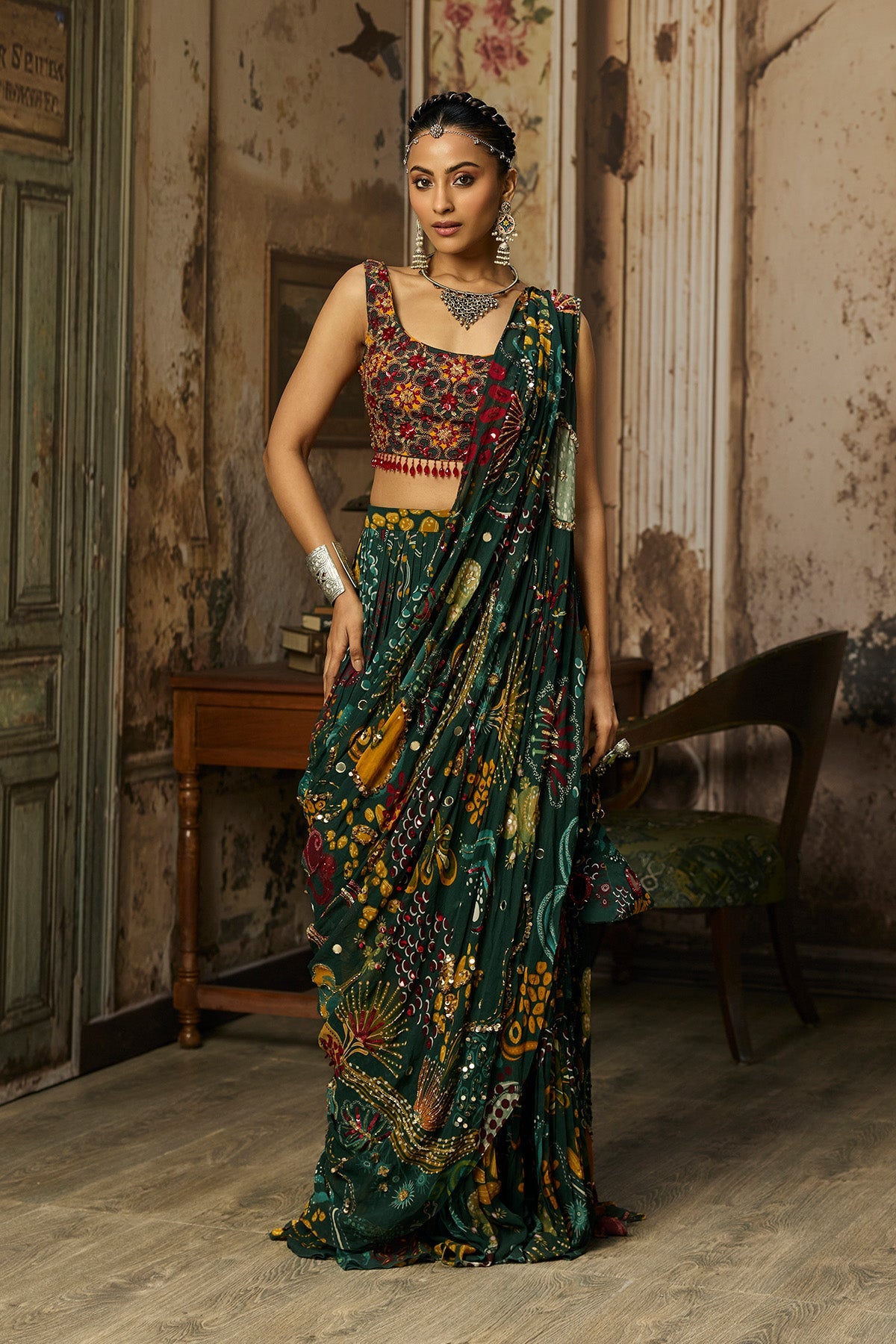 Dark Green Printed And Highlighted Tiered Skirt Saree Set