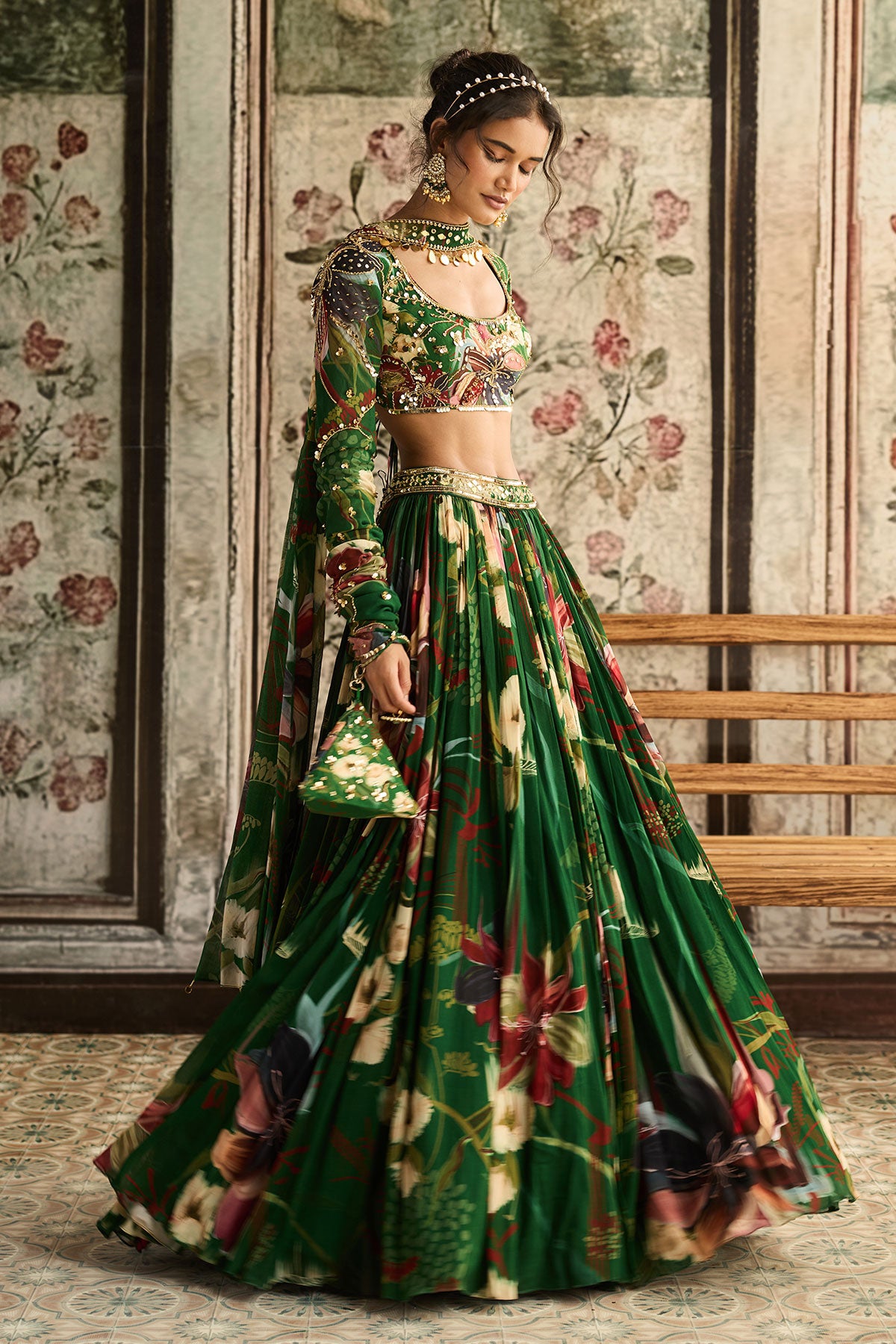 Green Floral Printed Lehenga Set