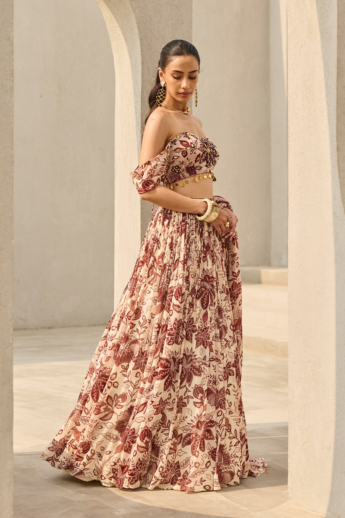 IVORY & MAROON FLORAL PRINTED LEHENGA SET