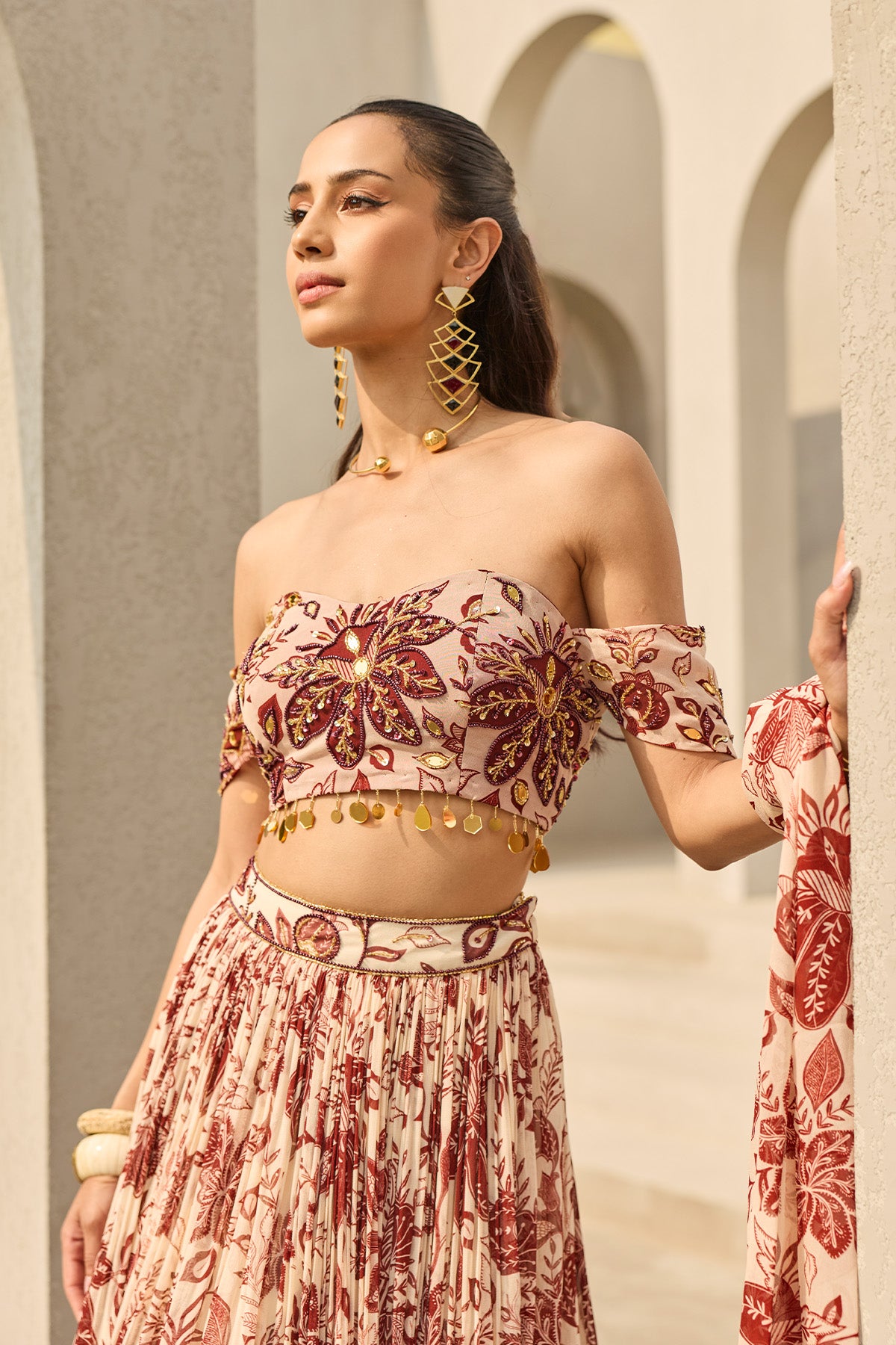IVORY & MAROON FLORAL PRINTED LEHENGA SET