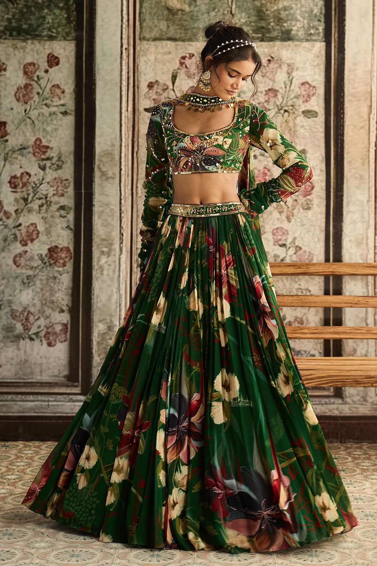 Green Floral Printed Lehenga Set