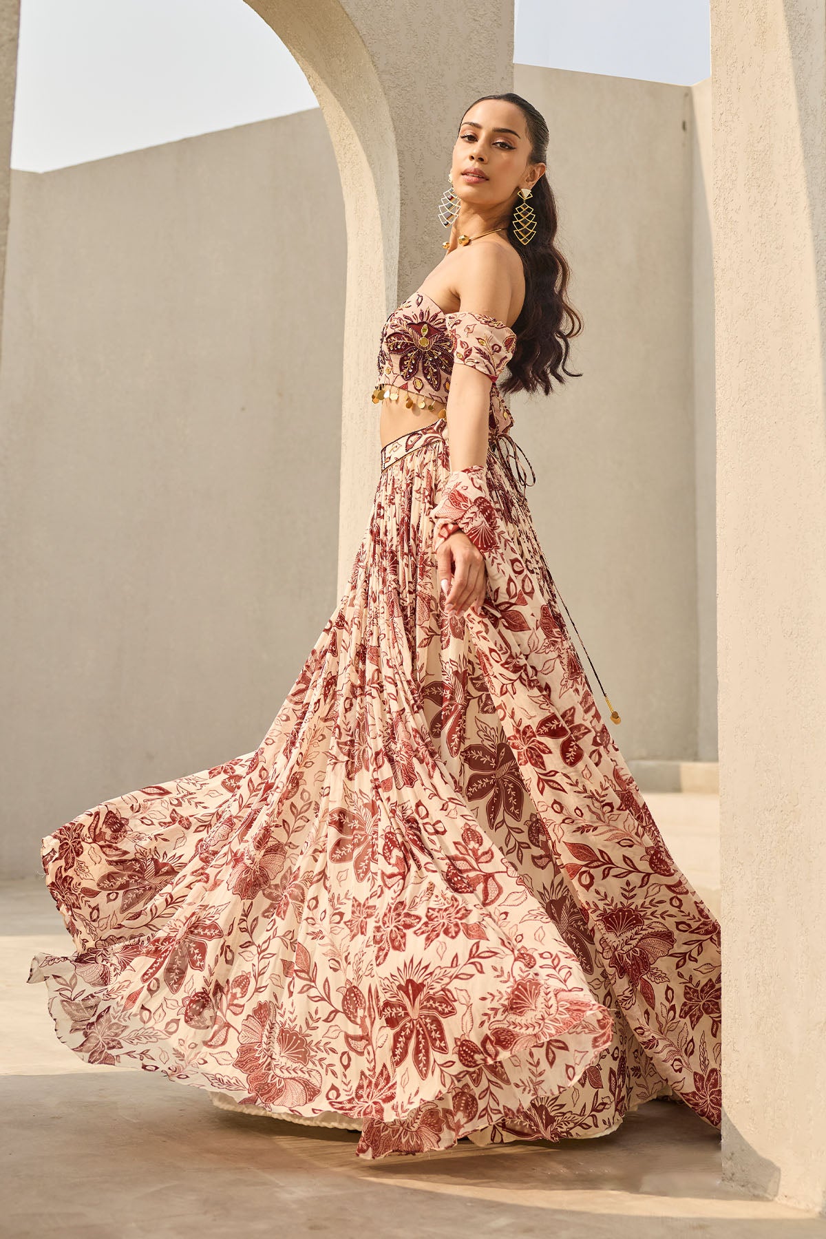 IVORY & MAROON FLORAL PRINTED LEHENGA SET