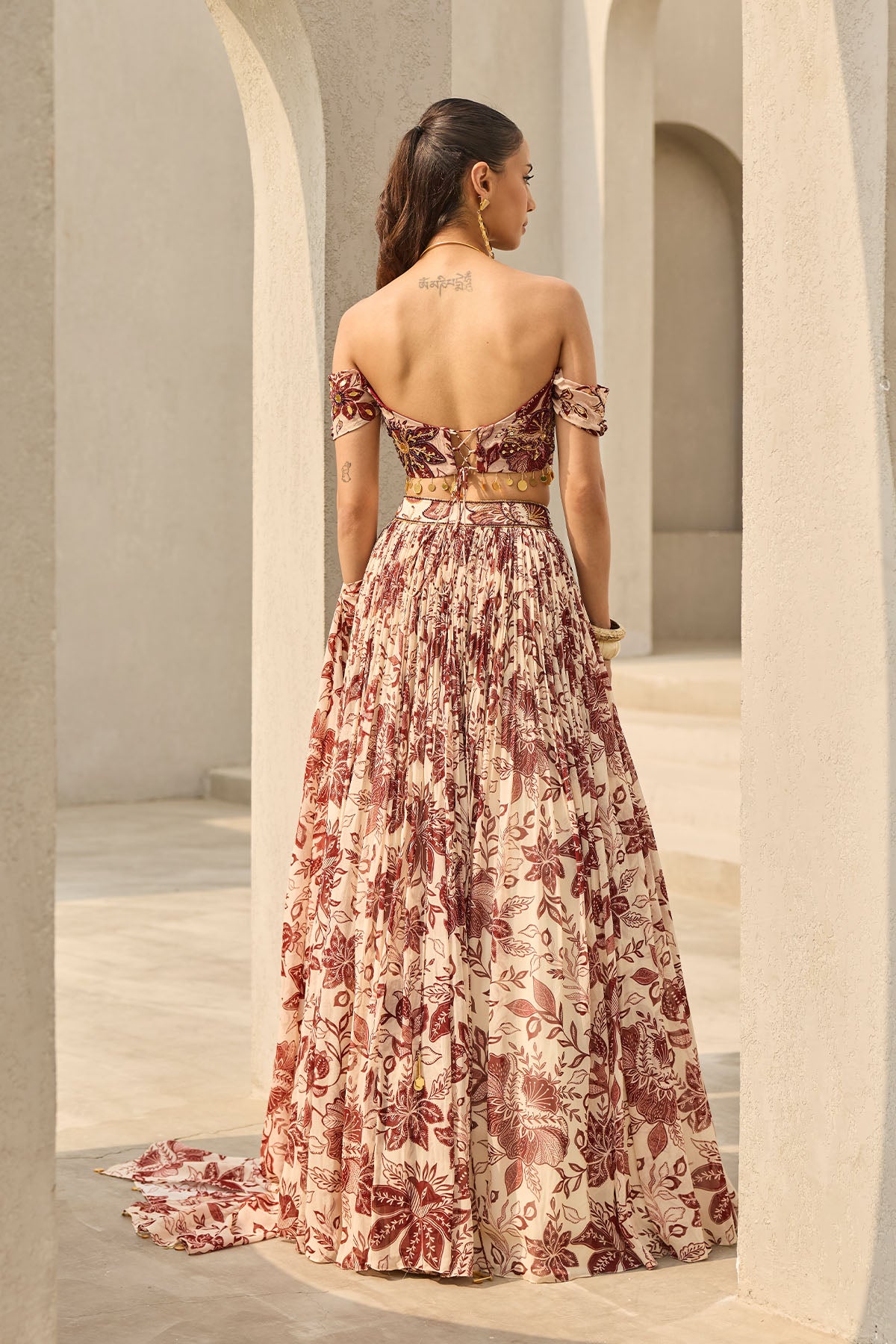 IVORY & MAROON FLORAL PRINTED LEHENGA SET