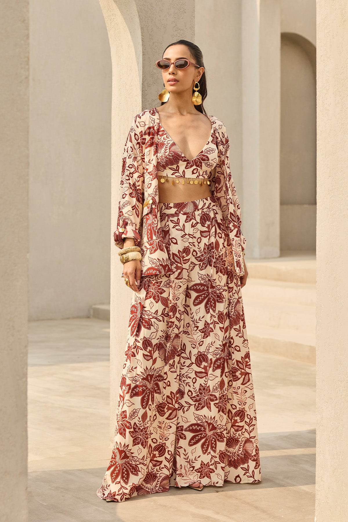 IVORY & MAROON FLORAL PRINTED JACKET SET