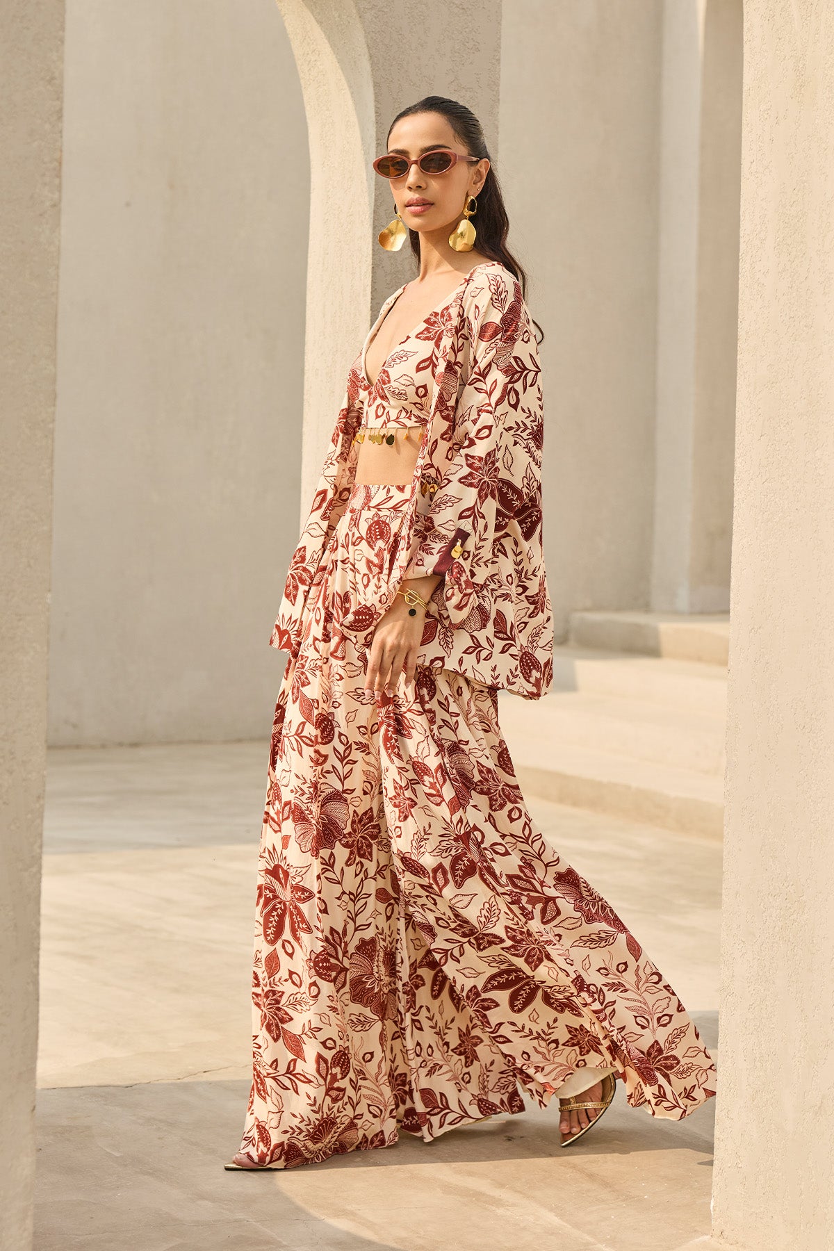 IVORY & MAROON FLORAL PRINTED JACKET SET
