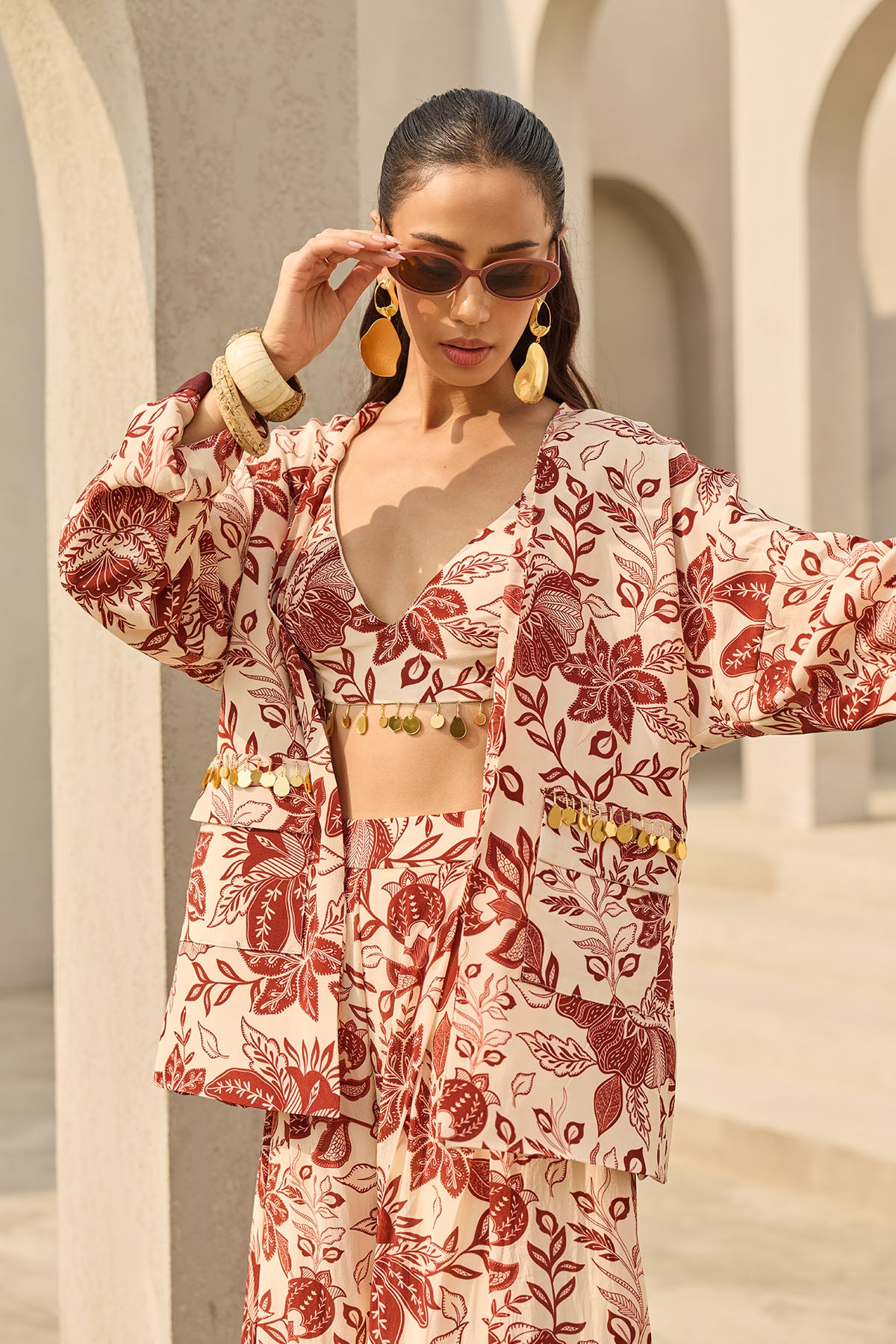 IVORY & MAROON FLORAL PRINTED JACKET SET