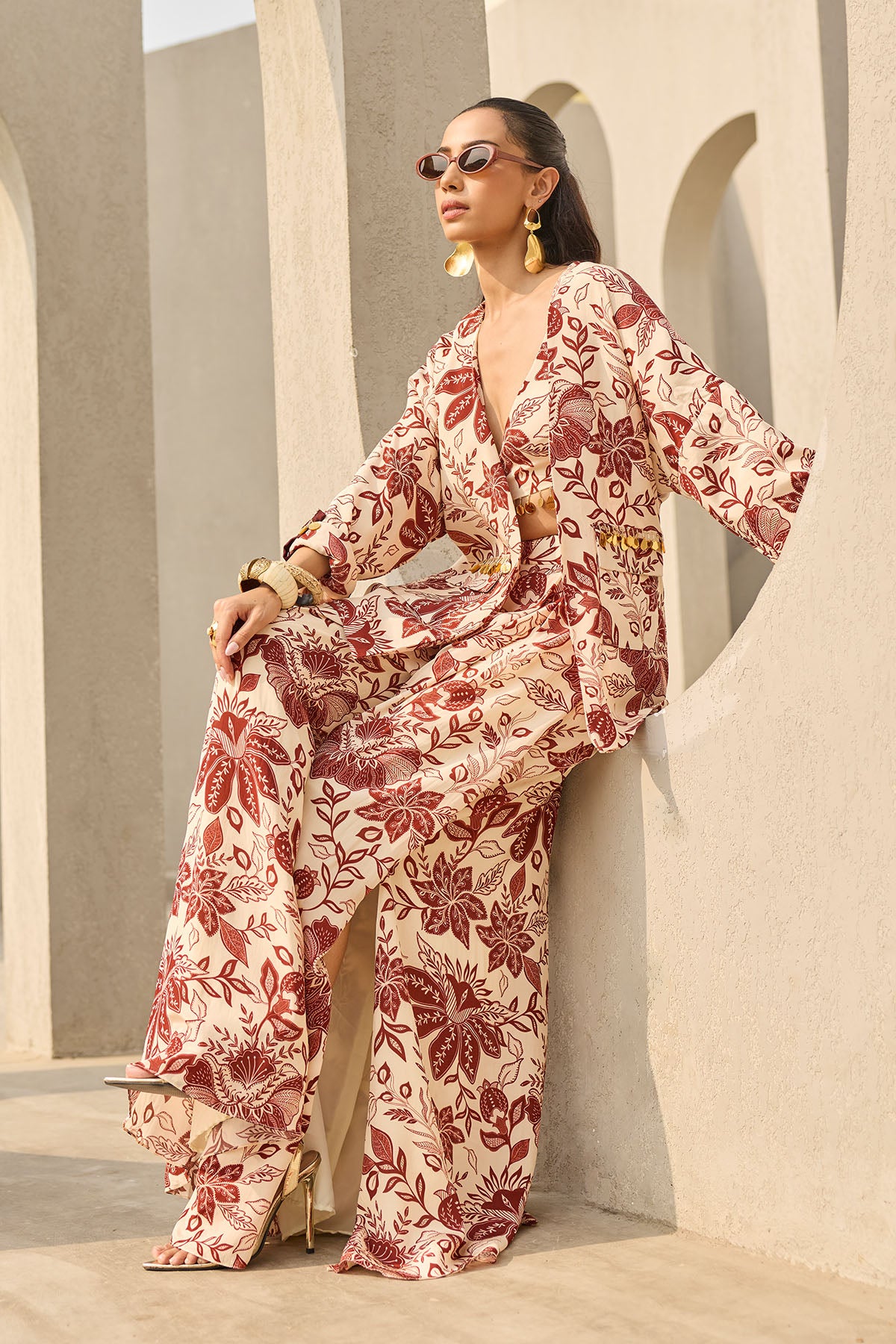 IVORY & MAROON FLORAL PRINTED JACKET SET