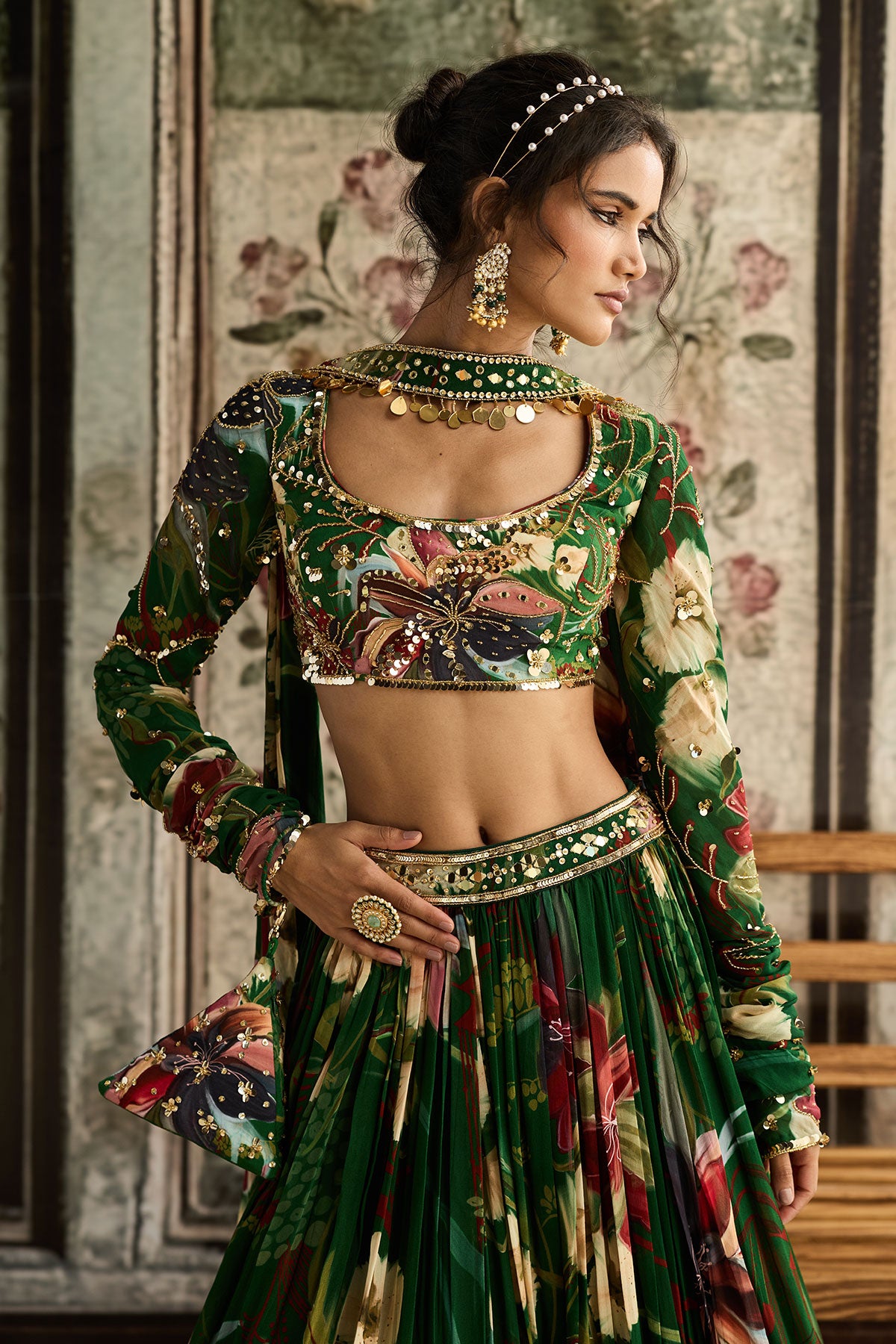 Green Floral Printed Lehenga Set