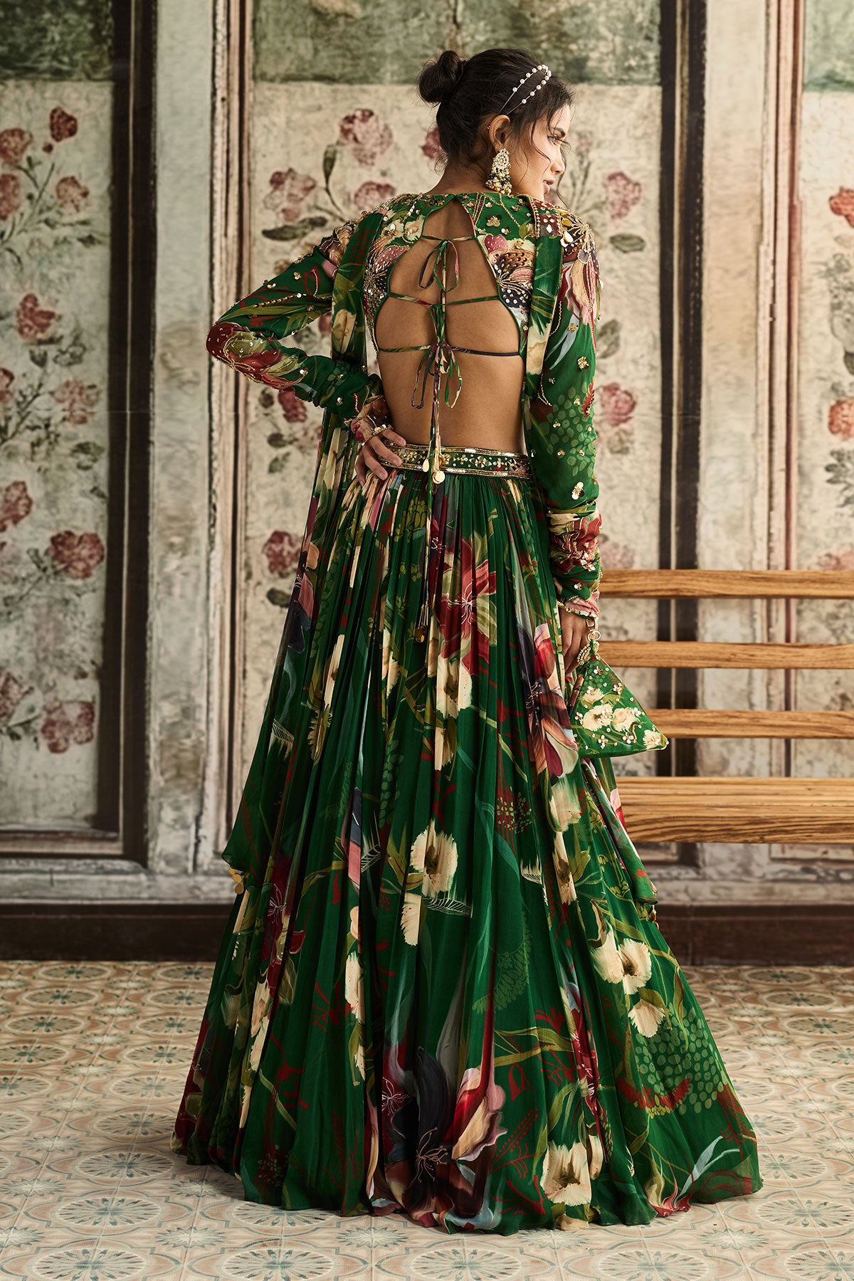 Green Floral Printed Lehenga Set