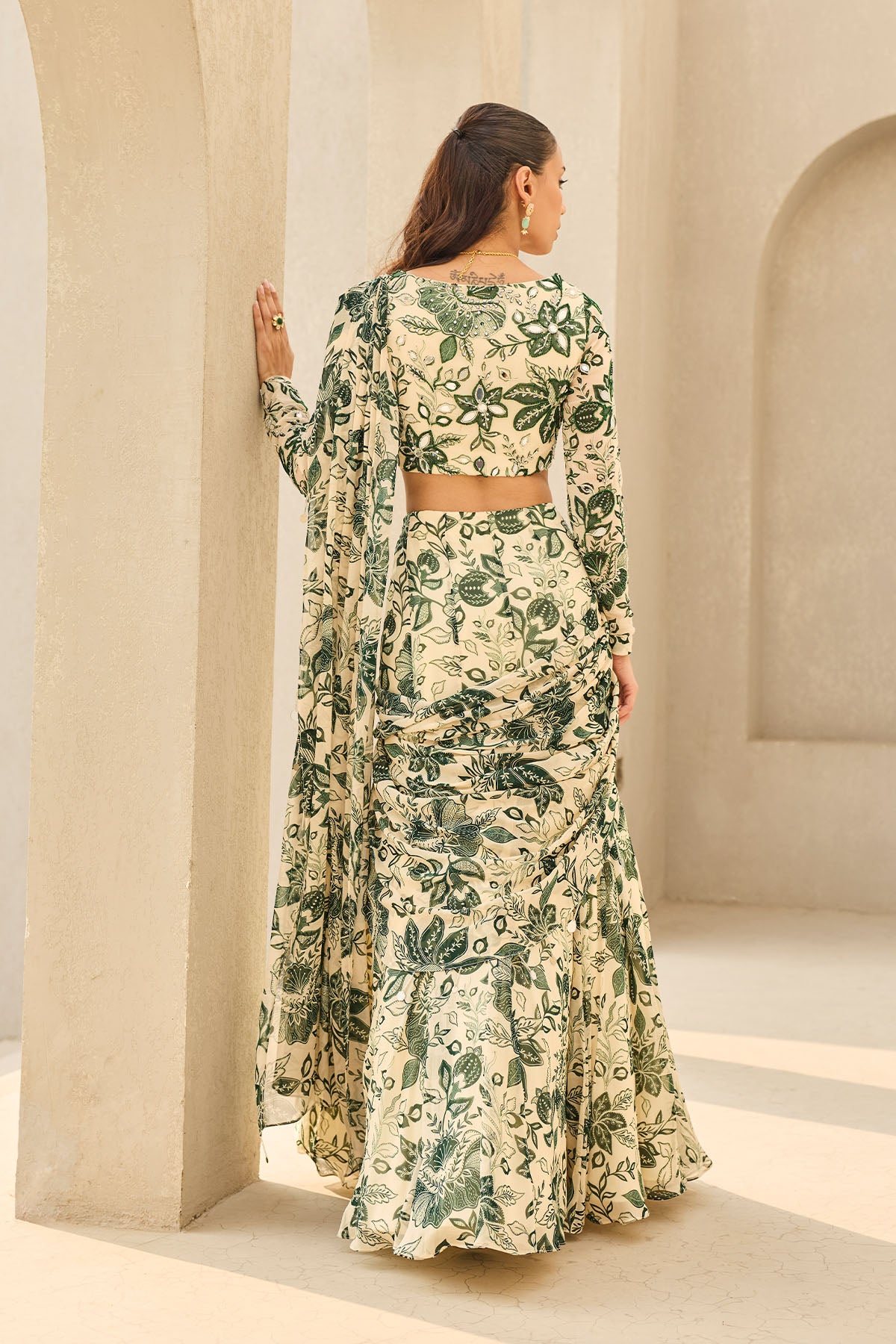 IVORY & GREEN FLORAL PRINTED SAREE SET