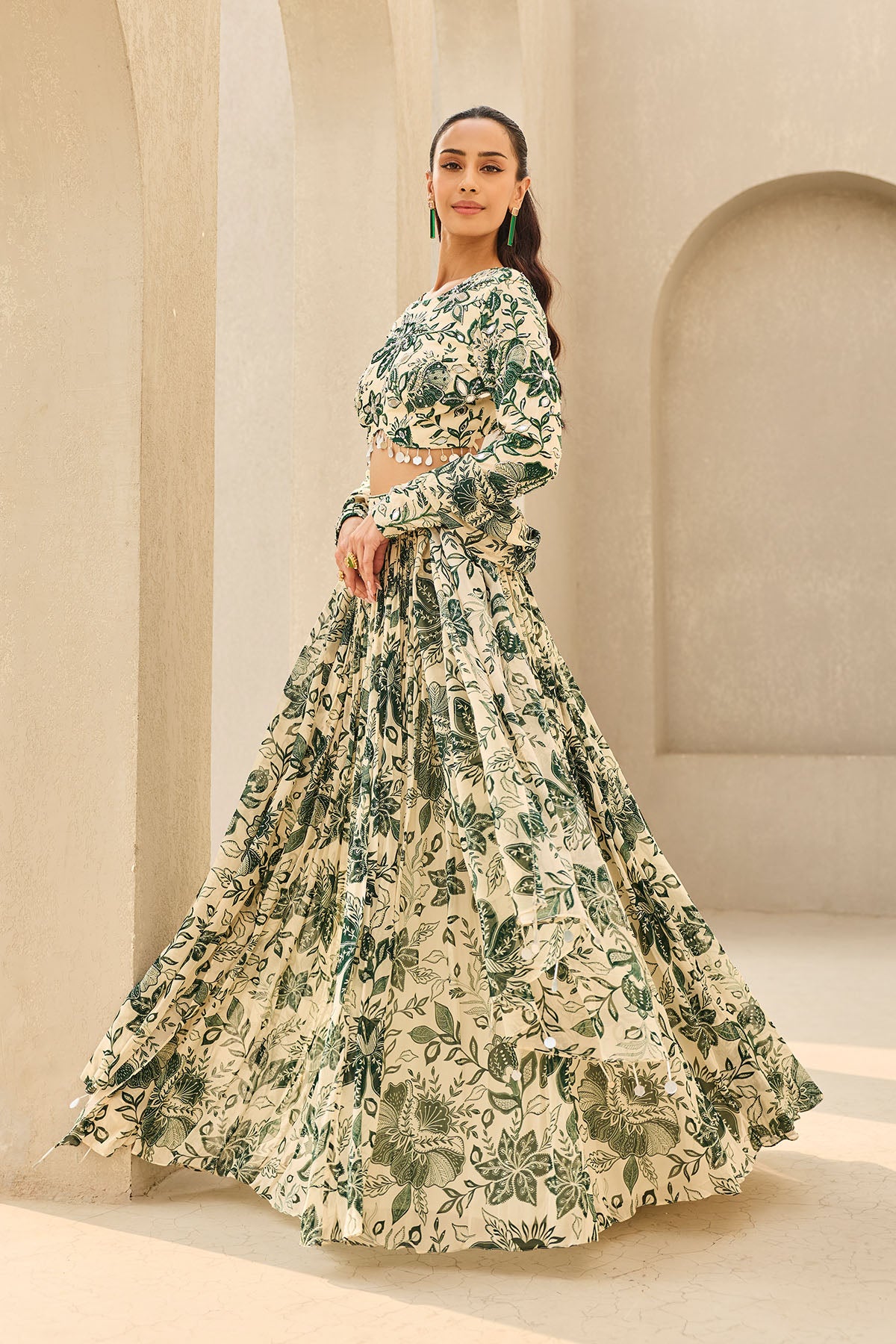 IVORY & GREEN FLORAL PRINTED LEHENGA SET