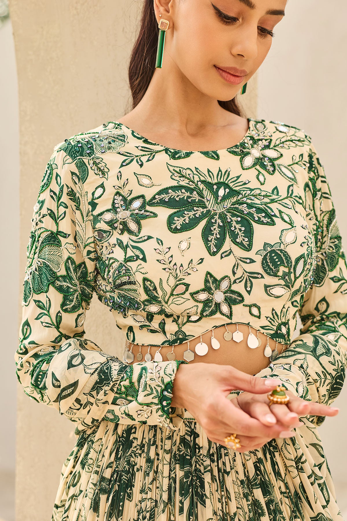 IVORY & GREEN FLORAL PRINTED LEHENGA SET