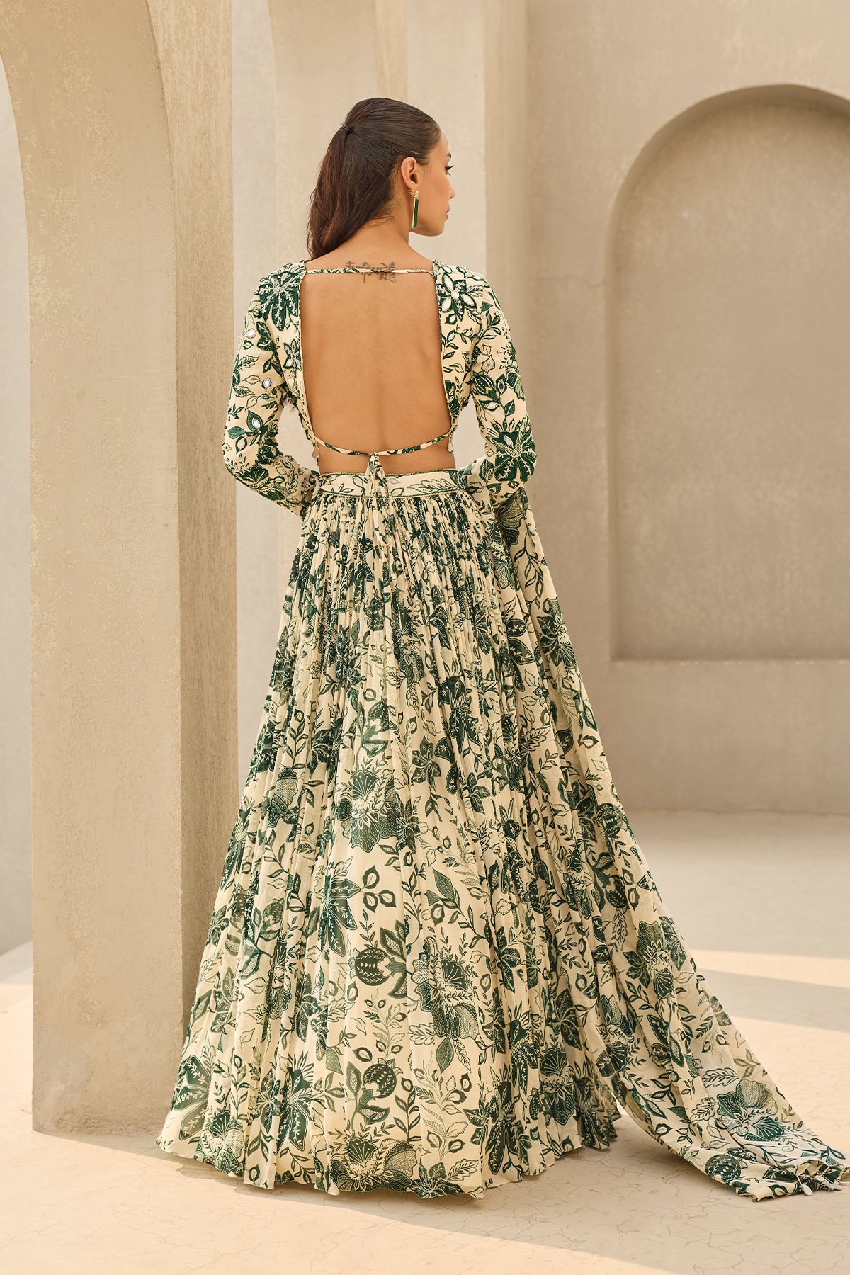 IVORY & GREEN FLORAL PRINTED LEHENGA SET