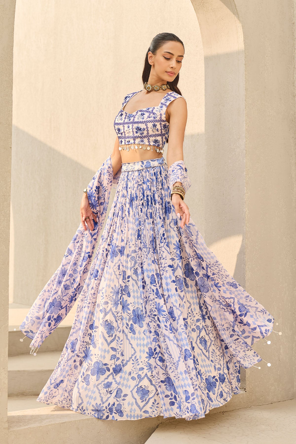 IVORY & BLUE ABSTRACT FLORAL PRINTED LEHENGA SET