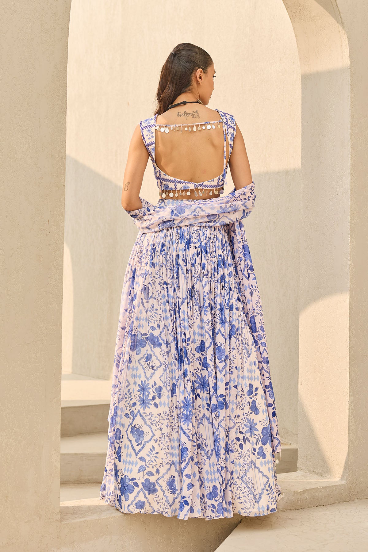 IVORY & BLUE ABSTRACT FLORAL PRINTED LEHENGA SET