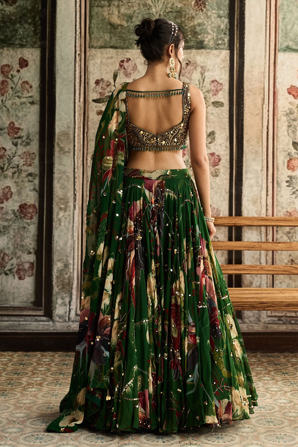Green Floral Print And Highlighted Lehenga Set