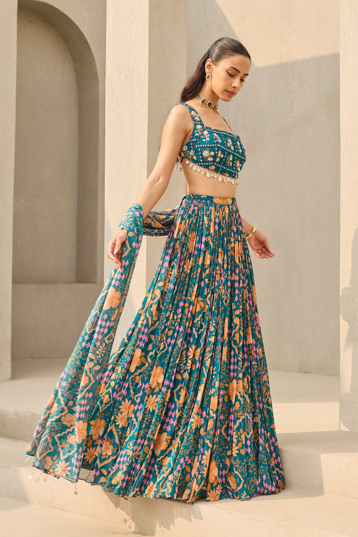 TEAL ABSTRACT FLORAL PRINTED LEHENGA SET