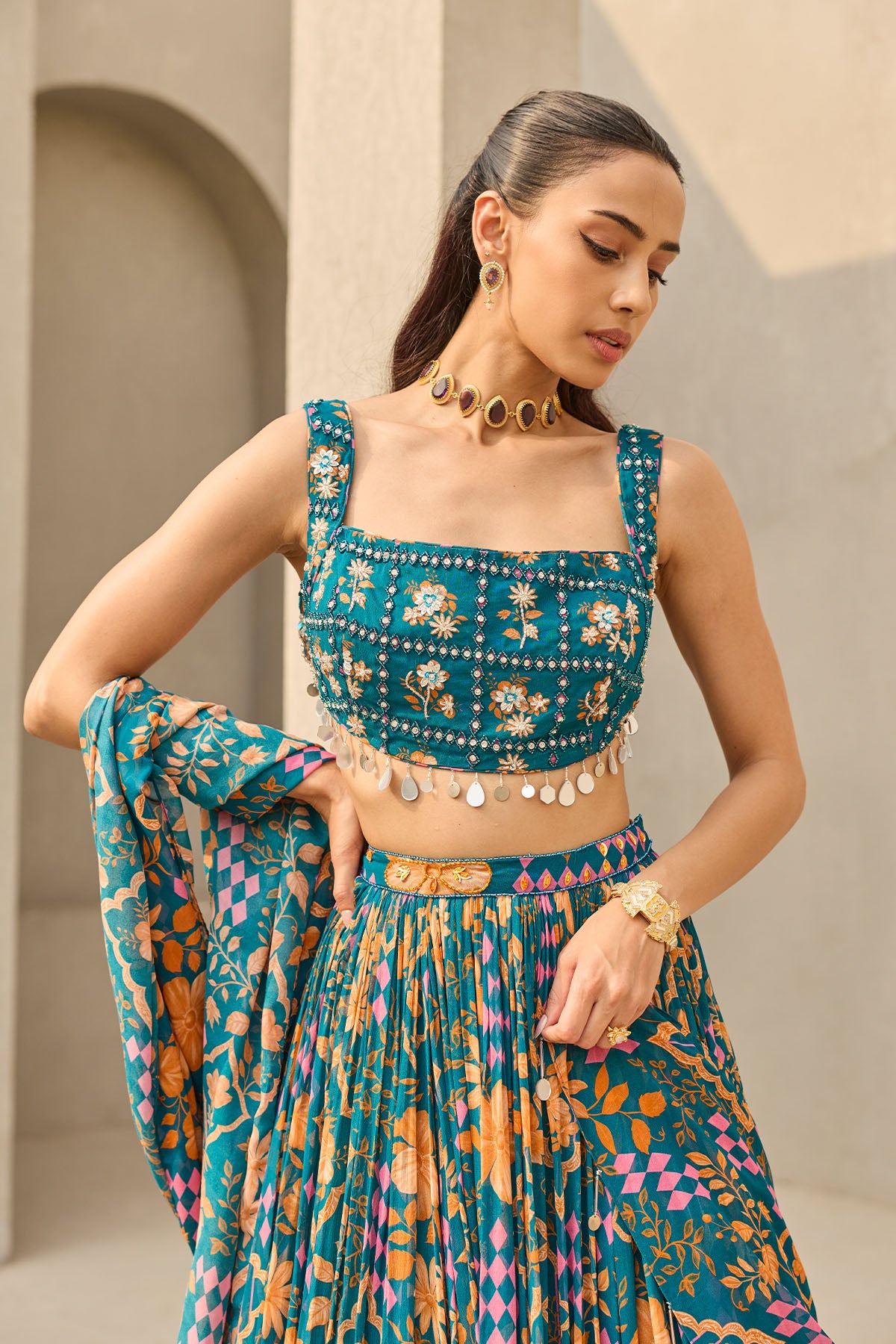 TEAL ABSTRACT FLORAL PRINTED LEHENGA SET