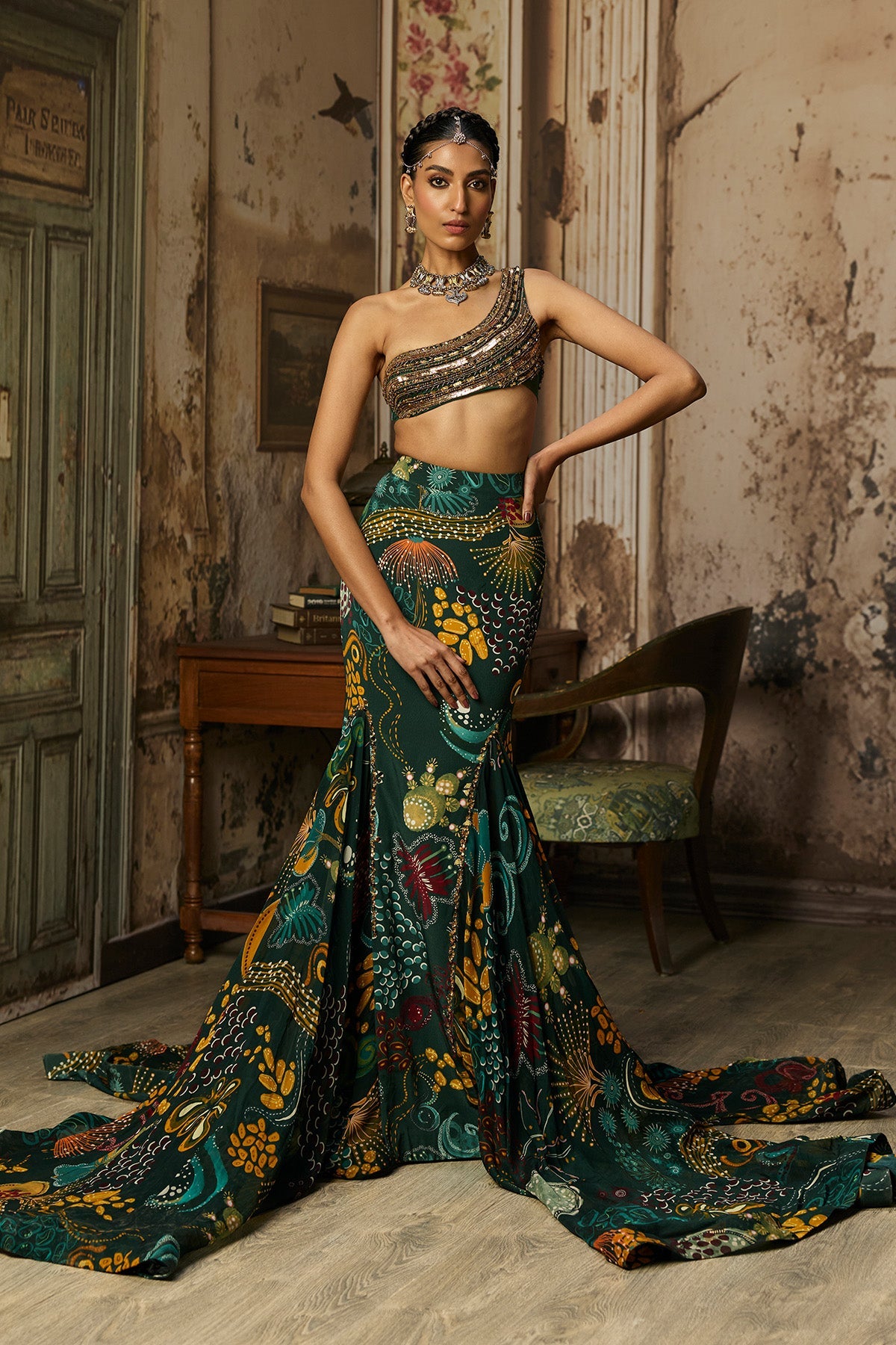 Dark Green Embroidered Blouse And Fishtail Skirt Set