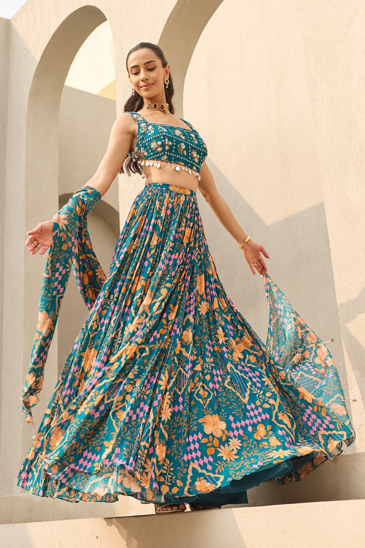 TEAL ABSTRACT FLORAL PRINTED LEHENGA SET