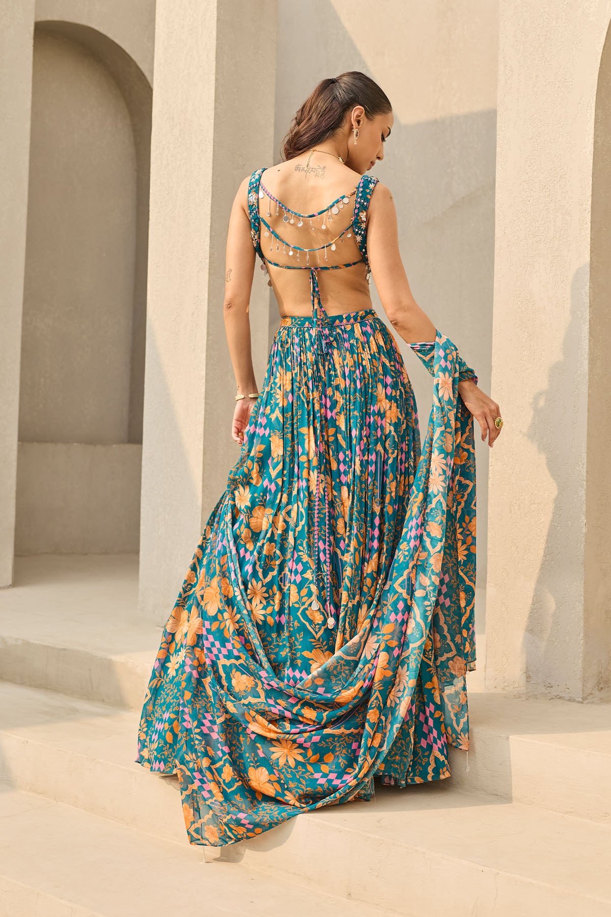 TEAL ABSTRACT FLORAL PRINTED LEHENGA SET