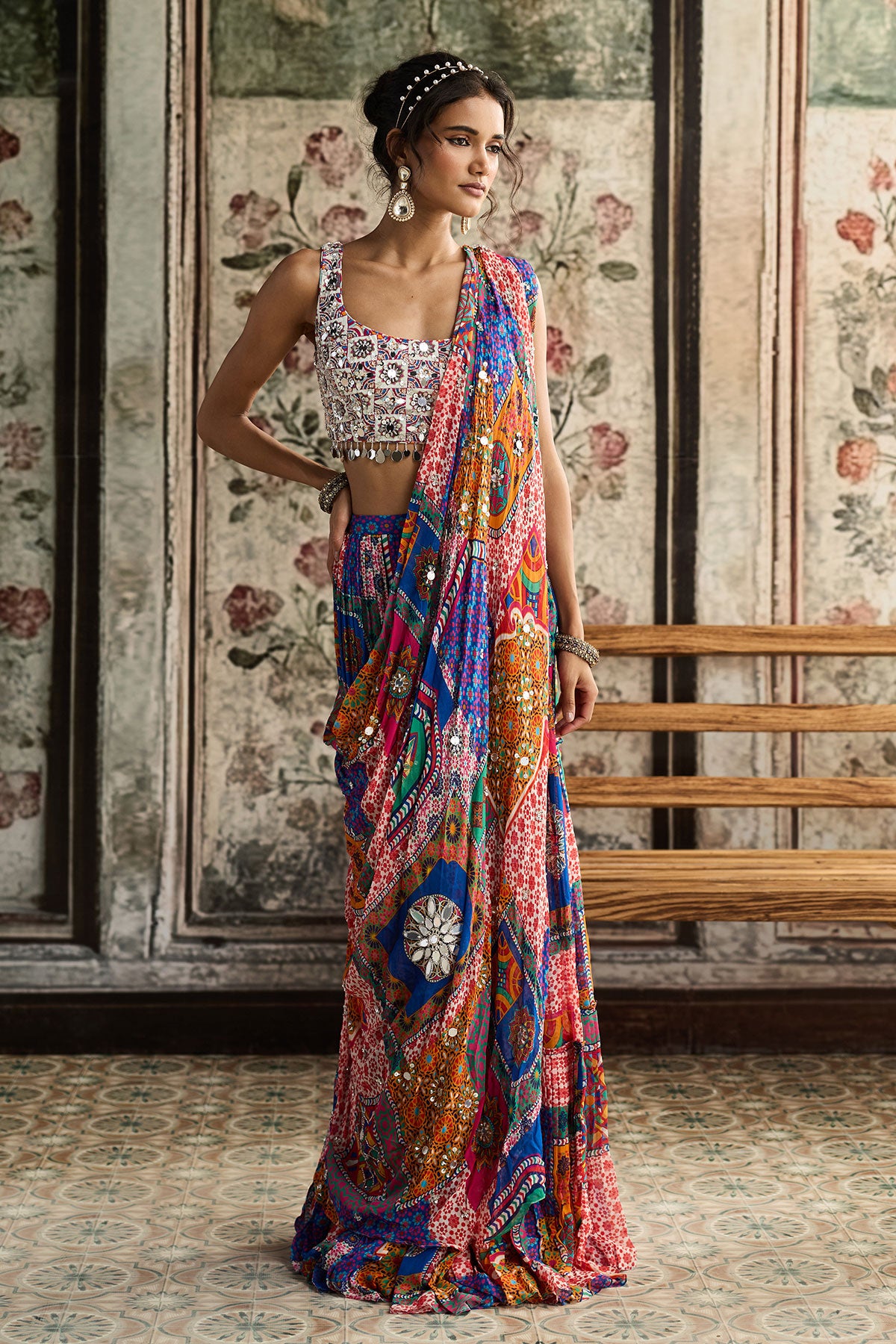 Multi-Color Print And Highlighted Square Neck Blouse With Tiered Skirt Saree Set
