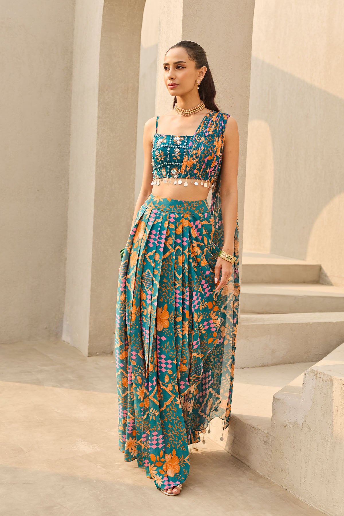 TEAL ABSTRACT FLORAL PRINTED CROP TOP & SKIRT SET