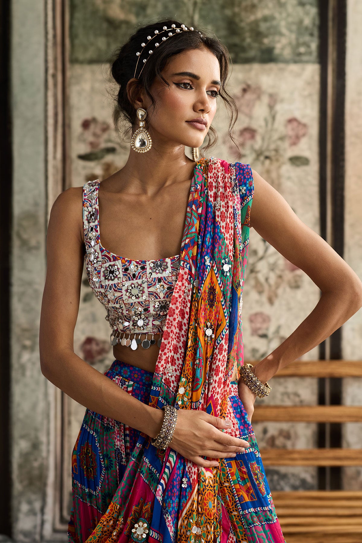 Multi-Color Print And Highlighted Square Neck Blouse With Tiered Skirt Saree Set