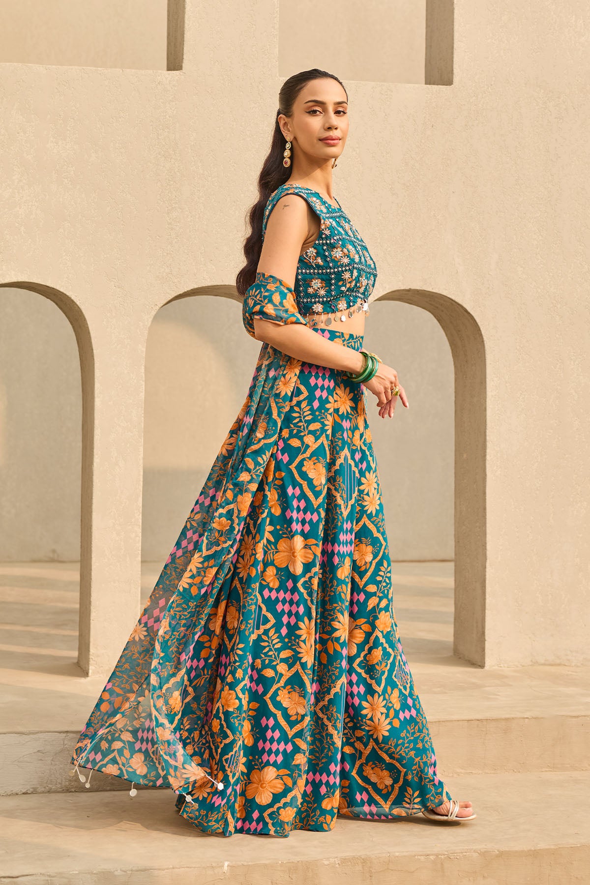 TEAL ABSTRACT FLORAL PRINTED SHARARA SET