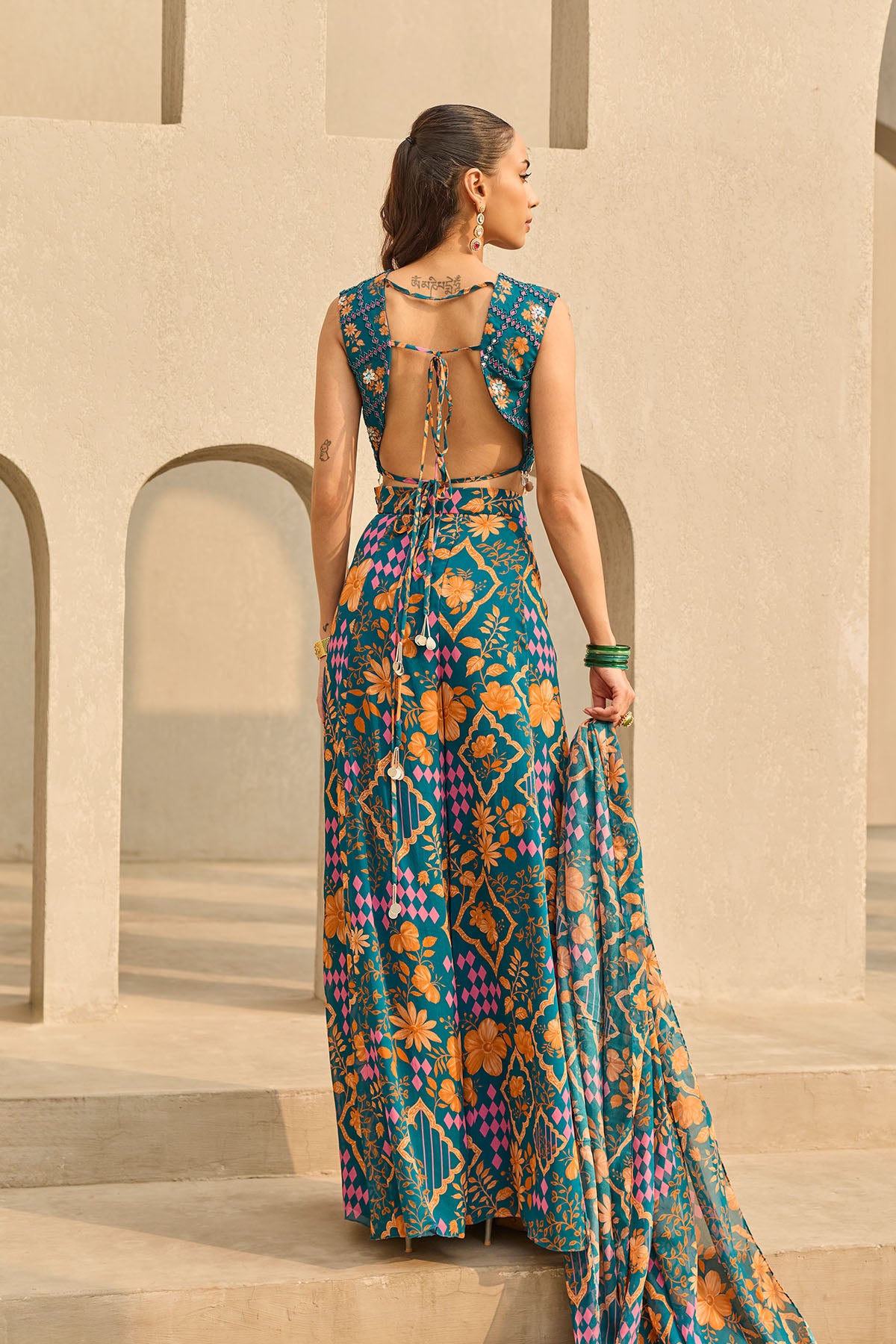 TEAL ABSTRACT FLORAL PRINTED SHARARA SET