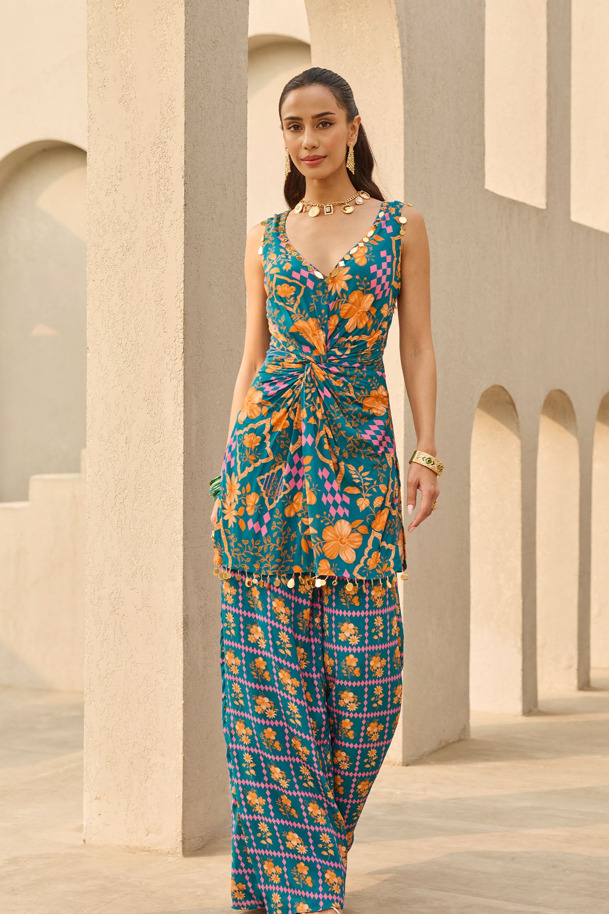 TEAL ABSTRACT FLORAL PRINTED KURTI SET