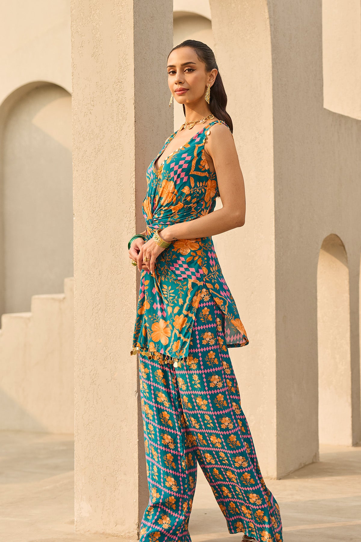 TEAL ABSTRACT FLORAL PRINTED KURTI SET