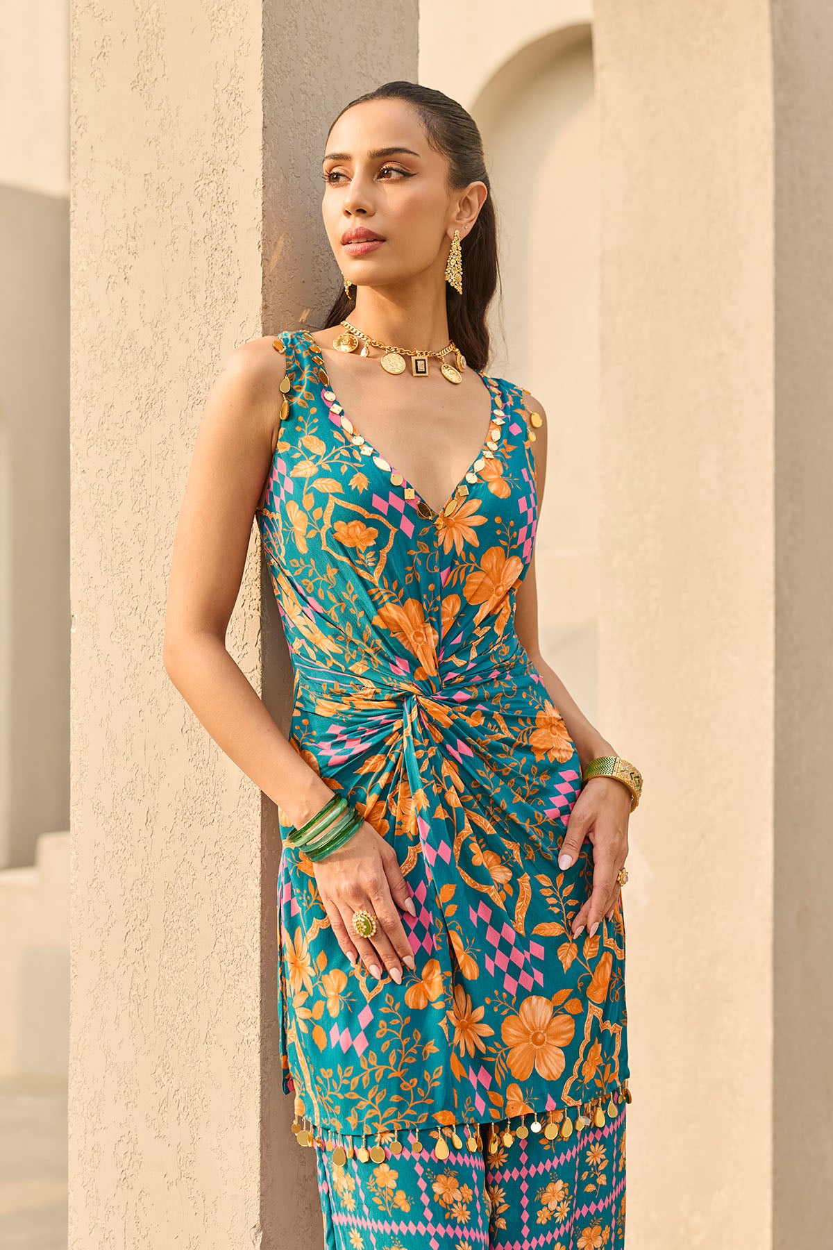 TEAL ABSTRACT FLORAL PRINTED KURTI SET