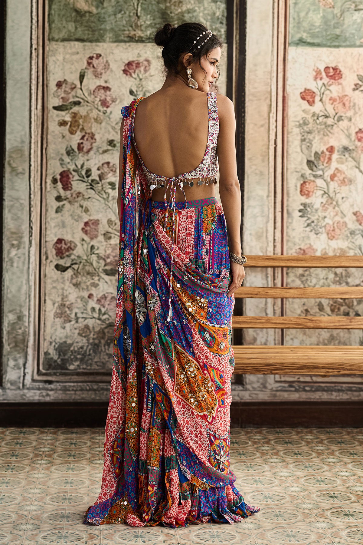 Multi-Color Print And Highlighted Square Neck Blouse With Tiered Skirt Saree Set