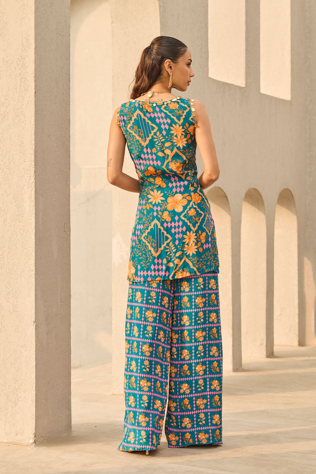 TEAL ABSTRACT FLORAL PRINTED KURTI SET